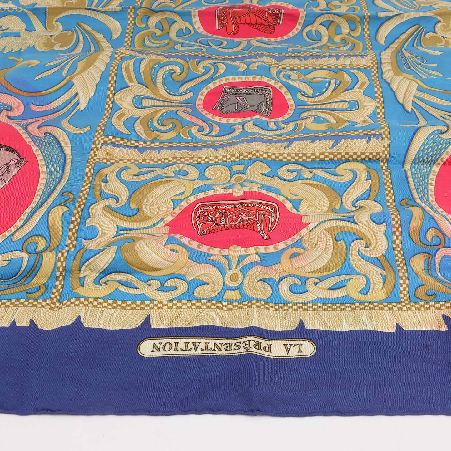 Hermès Carré 90 "LA PRESENTATION" 100% Silk Scarf in Navy Blue
