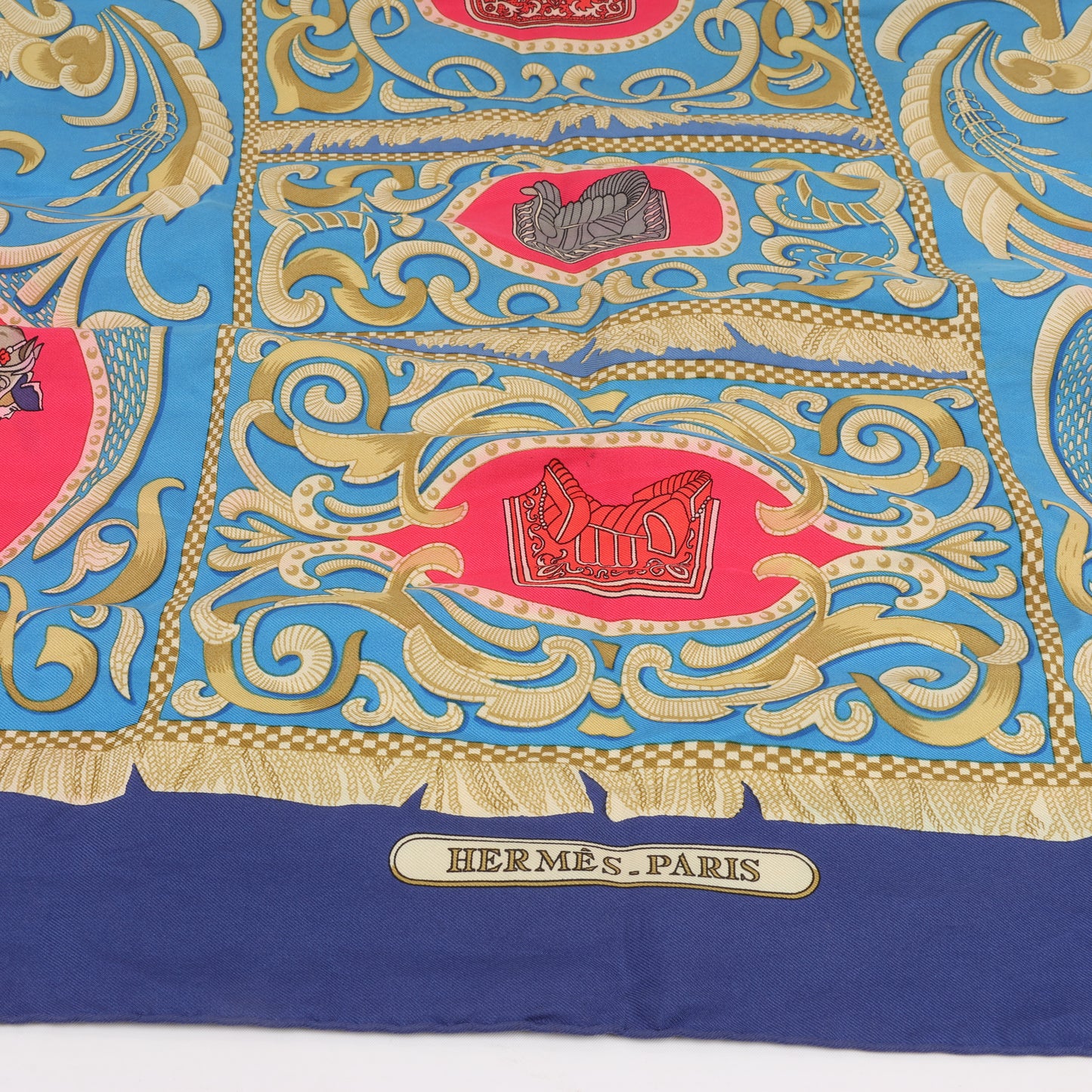 Hermès Carré 90 "LA PRESENTATION" 100% Silk Scarf in Navy Blue