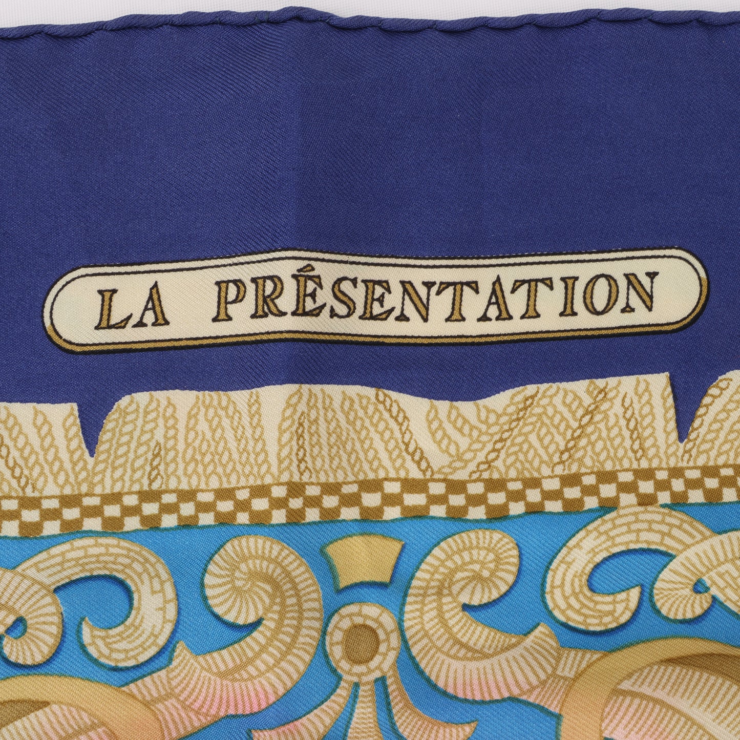 Hermès Carré 90 "LA PRESENTATION" 100% Silk Scarf in Navy Blue