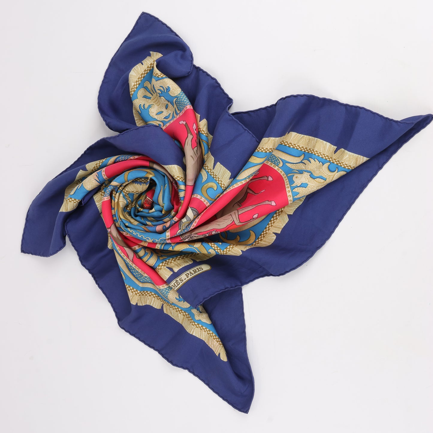 Hermès Carré 90 "LA PRESENTATION" 100% Silk Scarf in Navy Blue