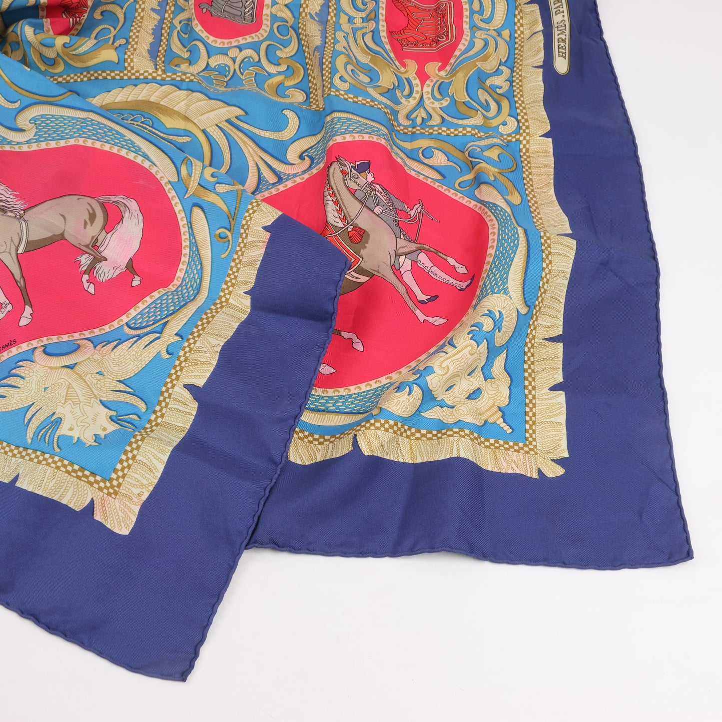 Hermès Carré 90 "LA PRESENTATION" 100% Silk Scarf in Navy Blue