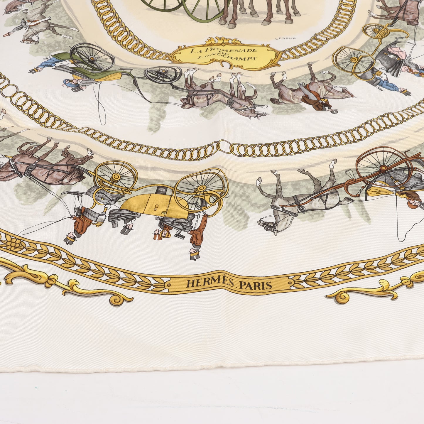 Hermès Carré 90 "LA PROMENADE DE LONGCHAMPS" 100% Silk Scarf in Ecru