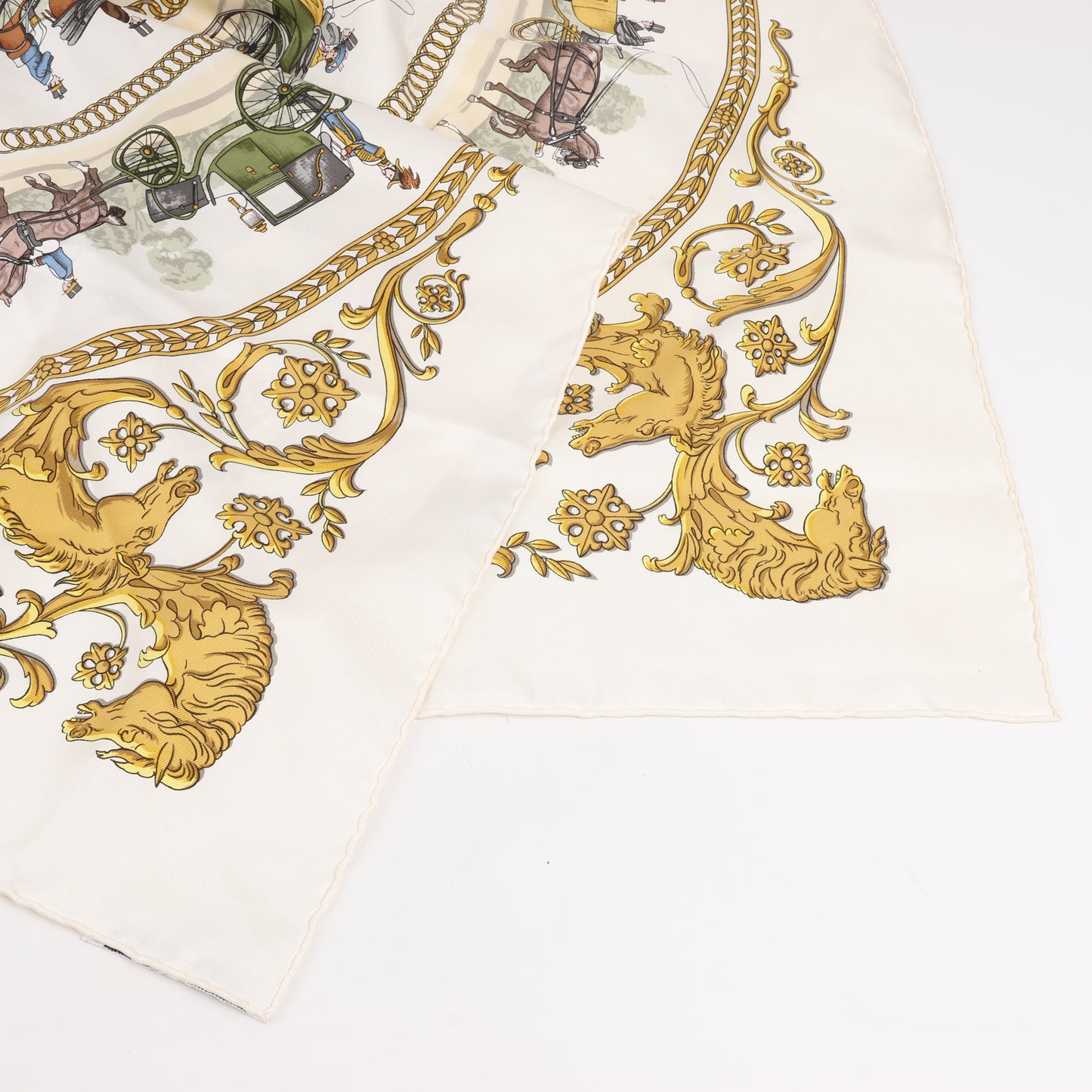 Hermès Carré 90 "LA PROMENADE DE LONGCHAMPS" 100% Silk Scarf in Ecru