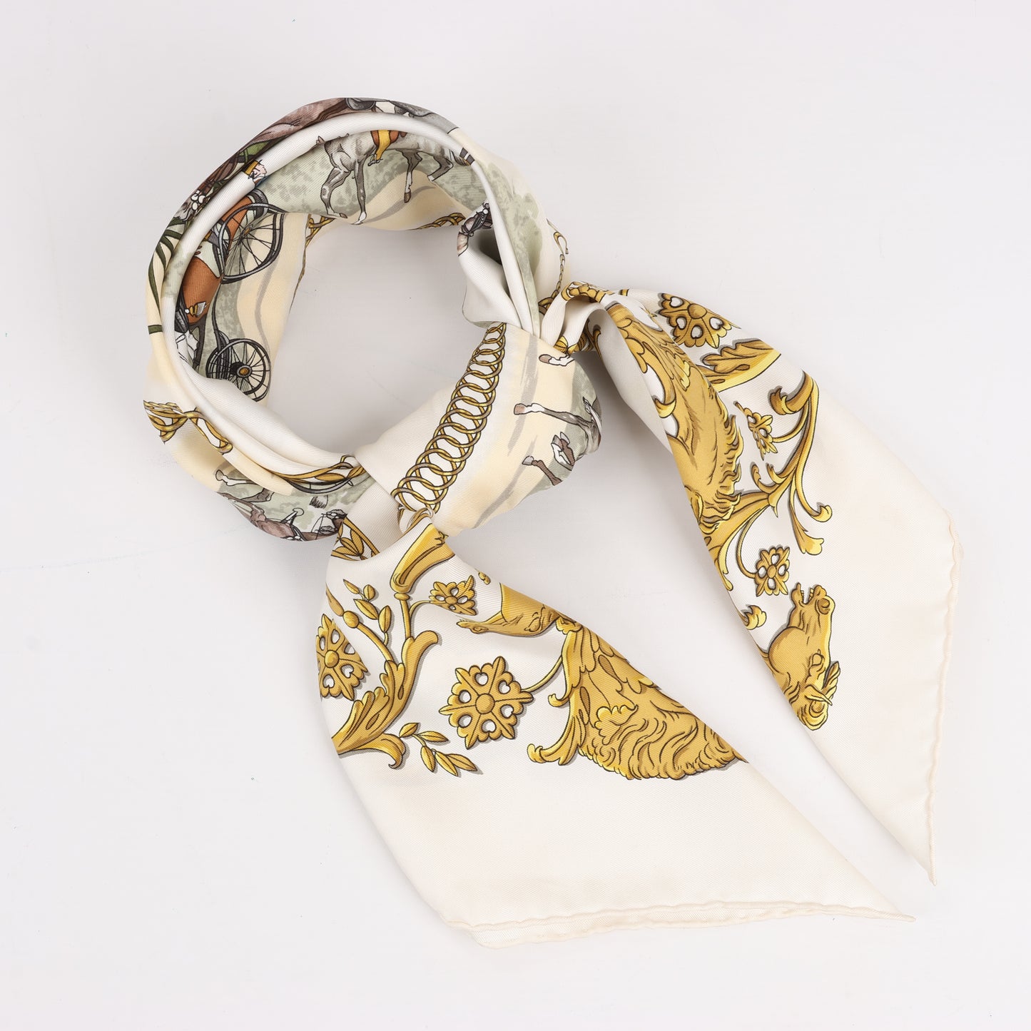 Hermès Carré 90 "LA PROMENADE DE LONGCHAMPS" 100% Silk Scarf in Ecru