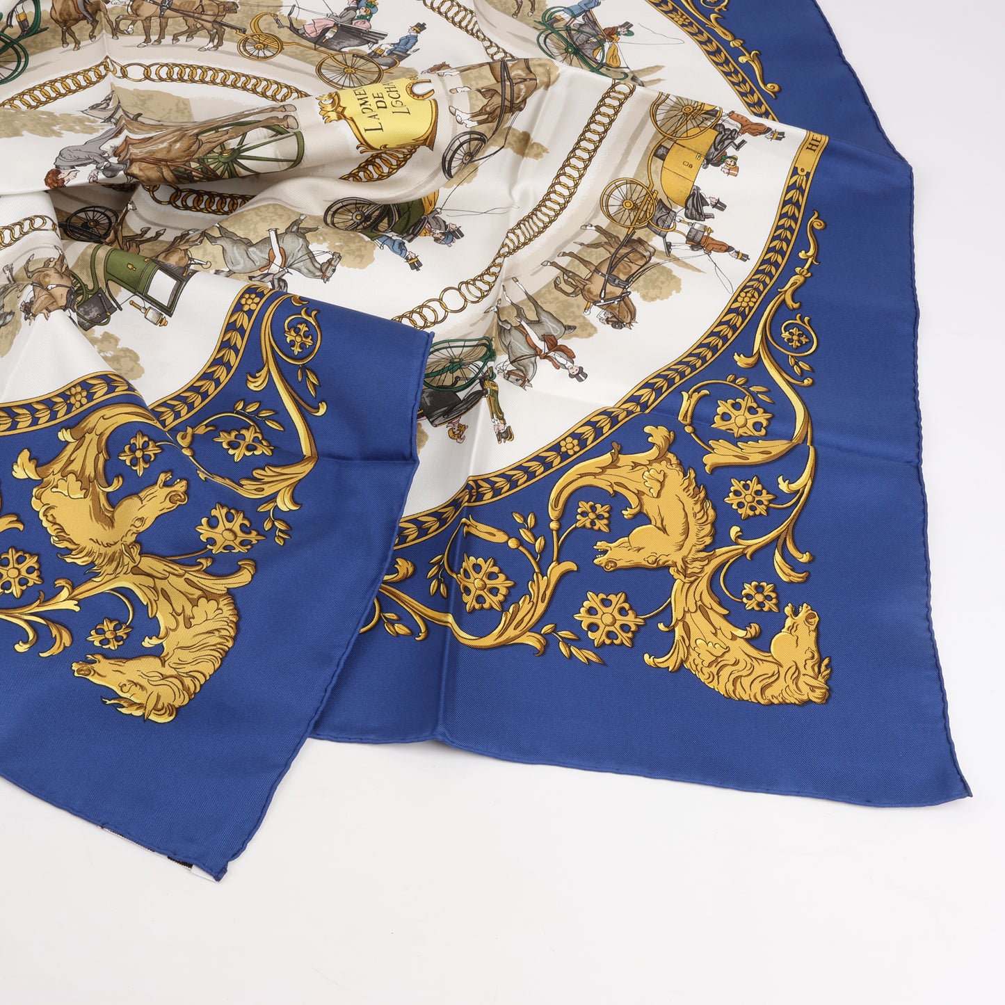 Hermès Carré 90 "LA PROMENADE DE LONGCHAMPS" 100% Silk Scarf in Navy Blue