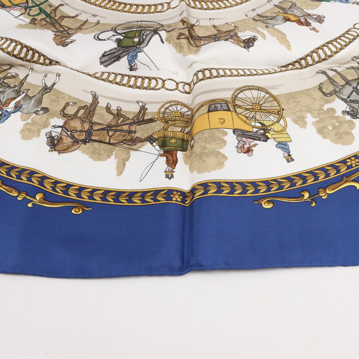 Hermès Carré 90 "LA PROMENADE DE LONGCHAMPS" 100% Silk Scarf in Navy Blue