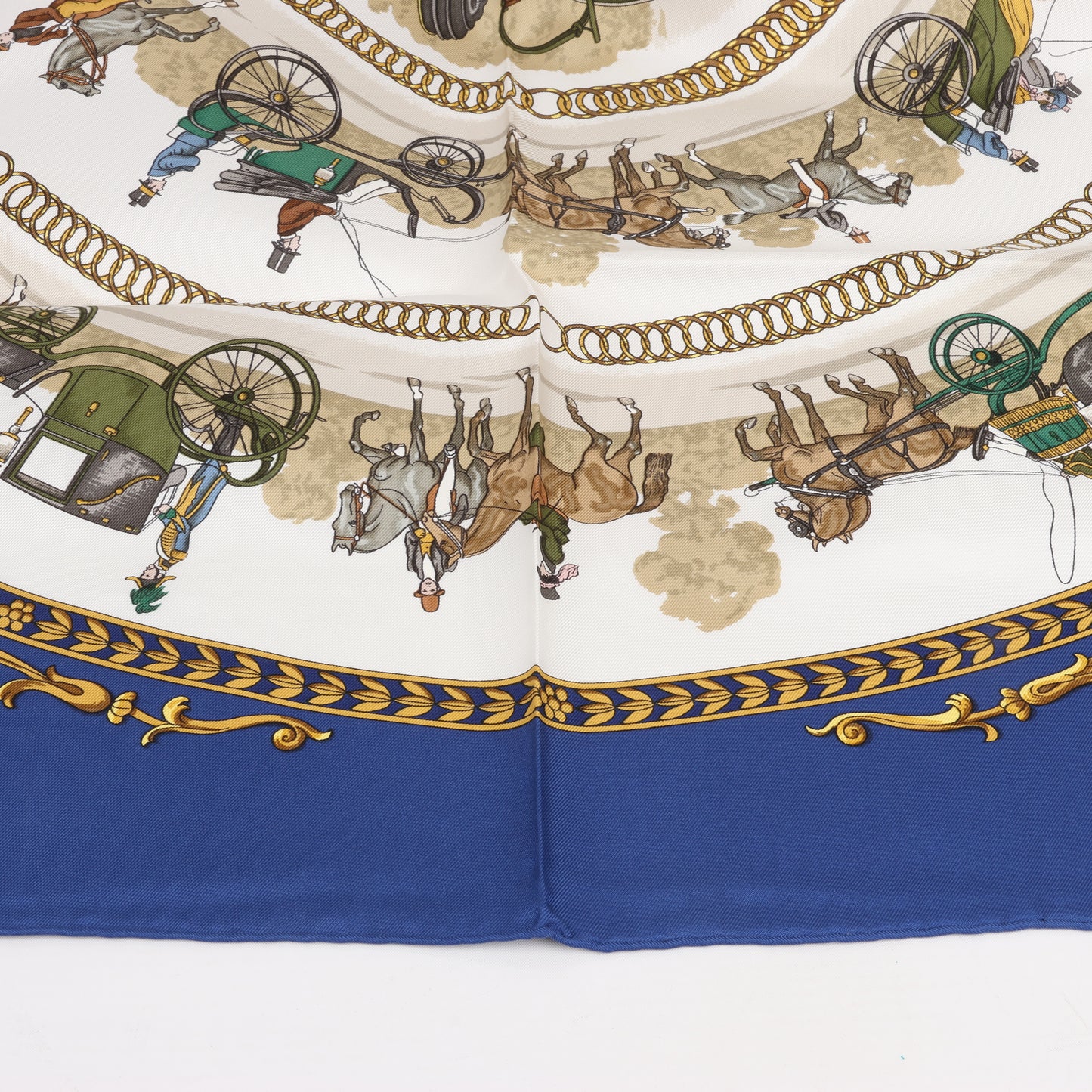 Hermès Carré 90 "LA PROMENADE DE LONGCHAMPS" 100% Silk Scarf in Navy Blue