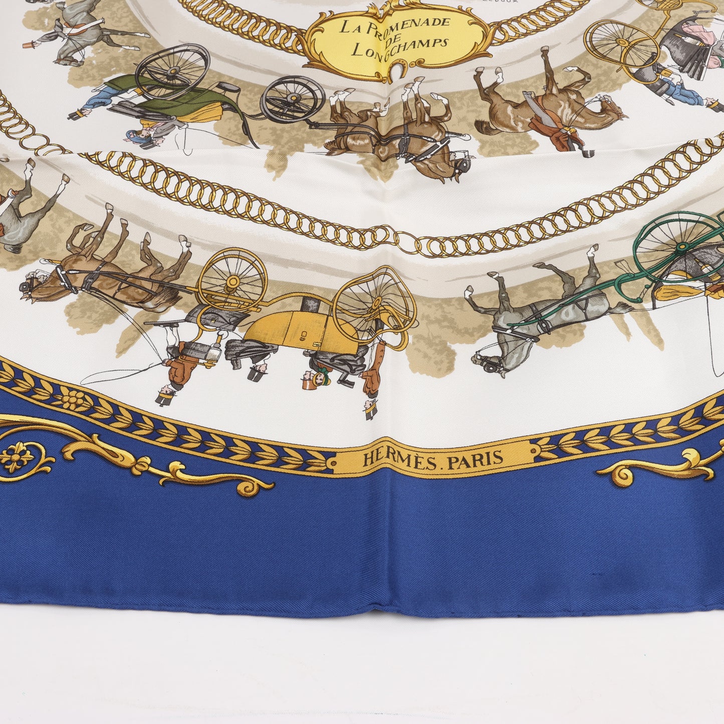 Hermès Carré 90 "LA PROMENADE DE LONGCHAMPS" 100% Silk Scarf in Navy Blue