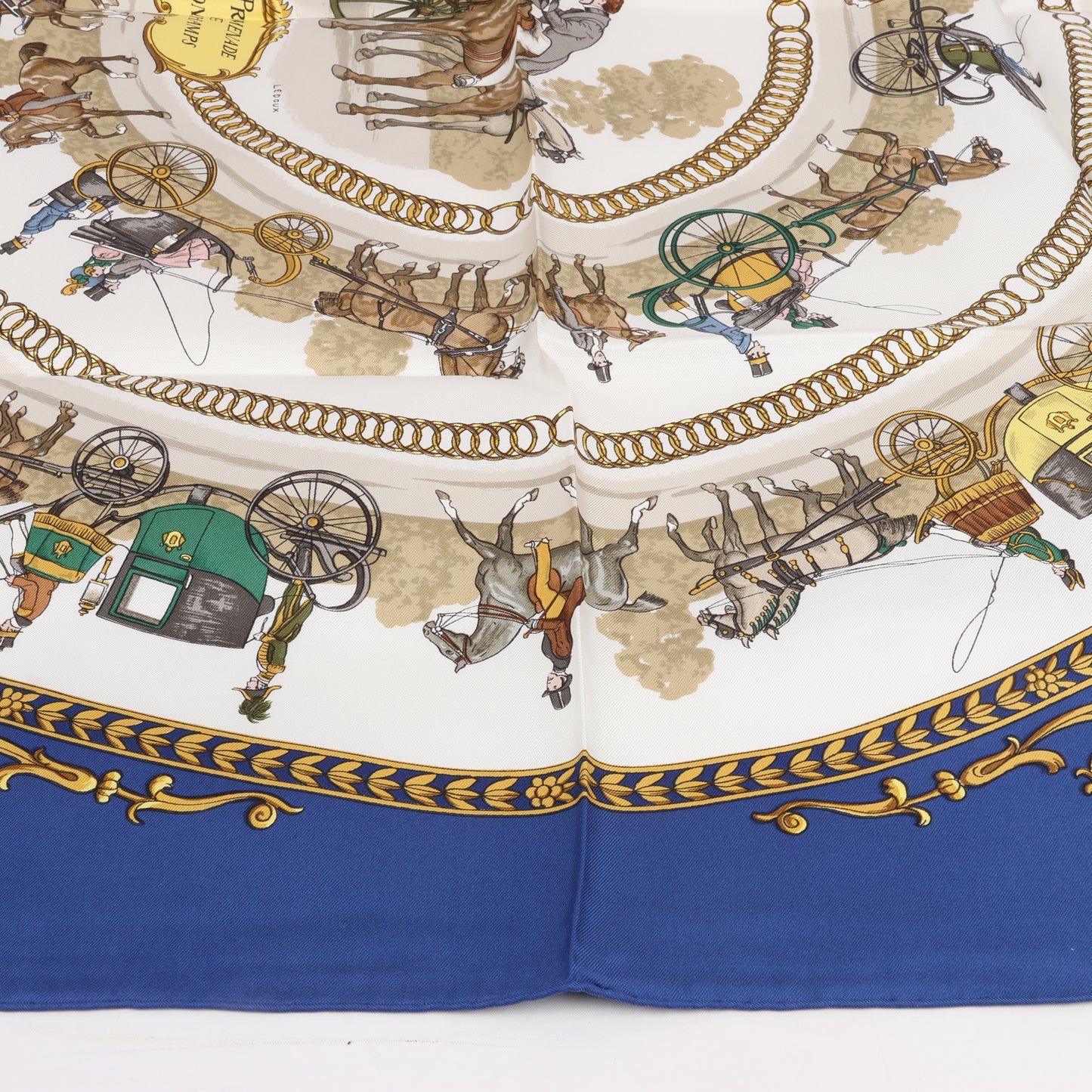 Hermès Carré 90 "LA PROMENADE DE LONGCHAMPS" 100% Silk Scarf in Navy Blue
