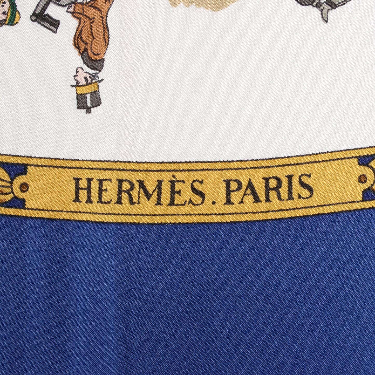 Hermès Carré 90 "LA PROMENADE DE LONGCHAMPS" 100% Silk Scarf in Navy Blue