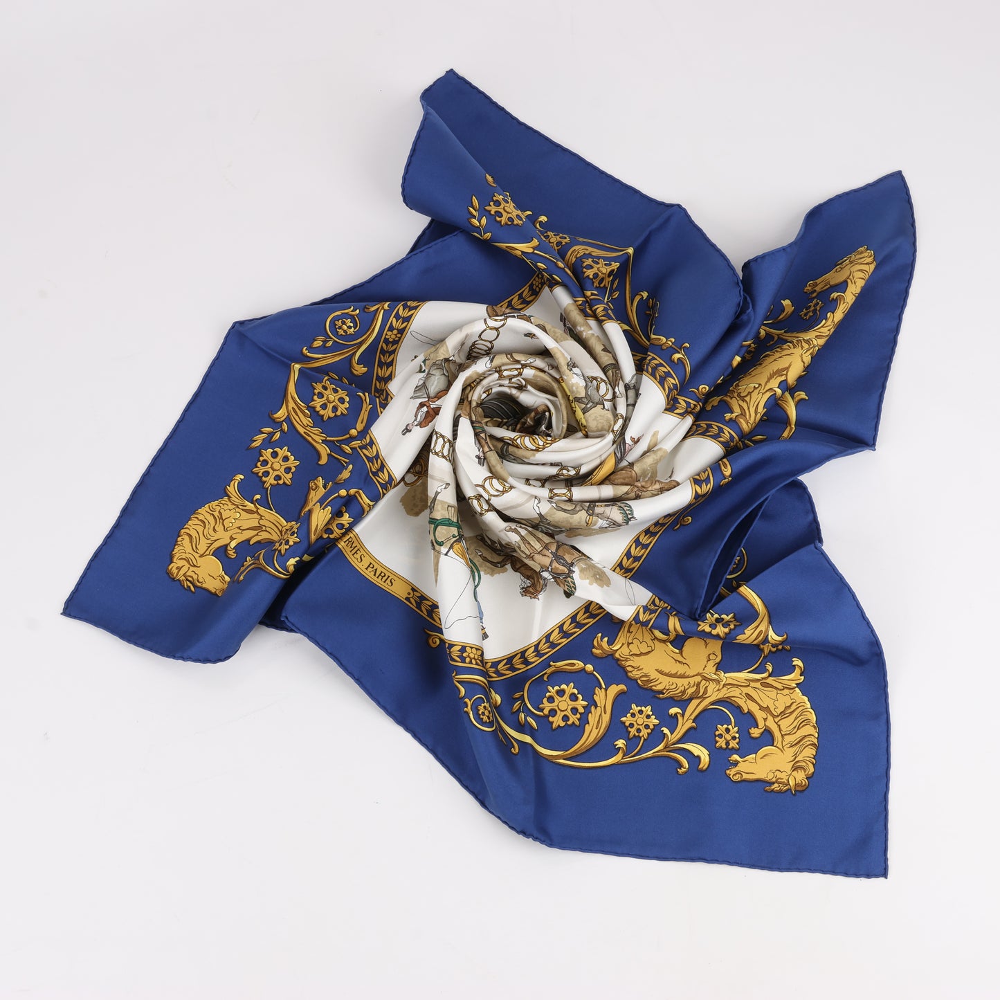Hermès Carré 90 "LA PROMENADE DE LONGCHAMPS" 100% Silk Scarf in Navy Blue