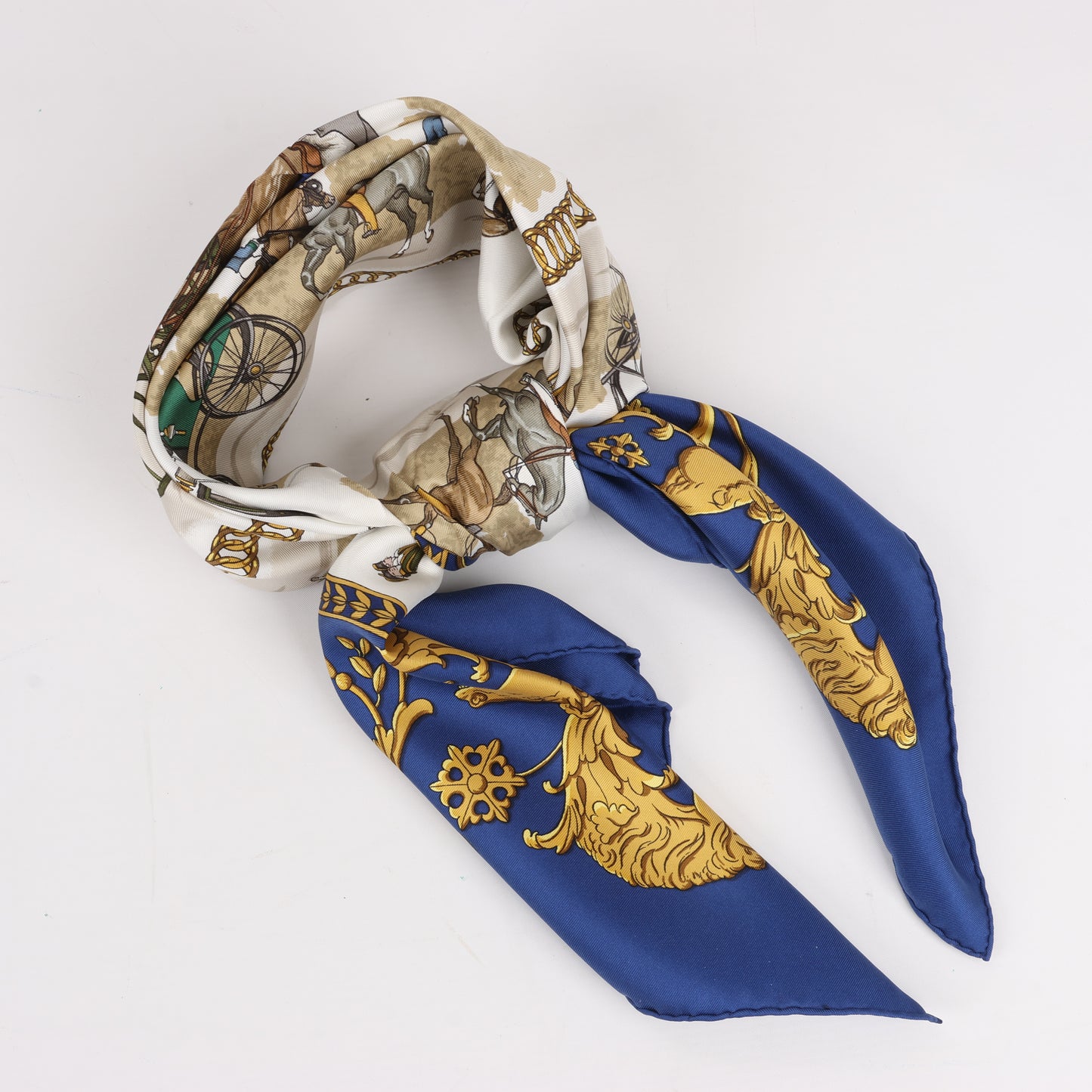 Hermès Carré 90 "LA PROMENADE DE LONGCHAMPS" 100% Silk Scarf in Navy Blue