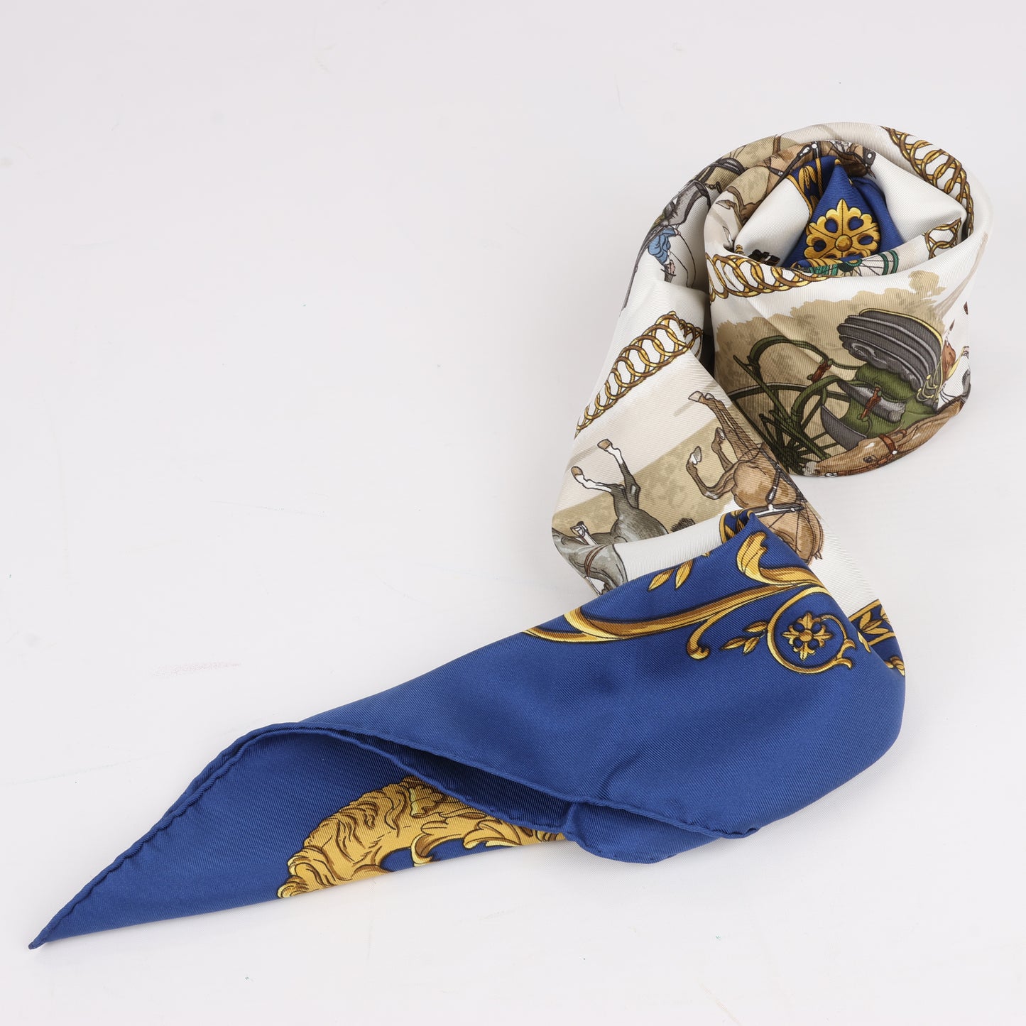 Hermès Carré 90 "LA PROMENADE DE LONGCHAMPS" 100% Silk Scarf in Navy Blue