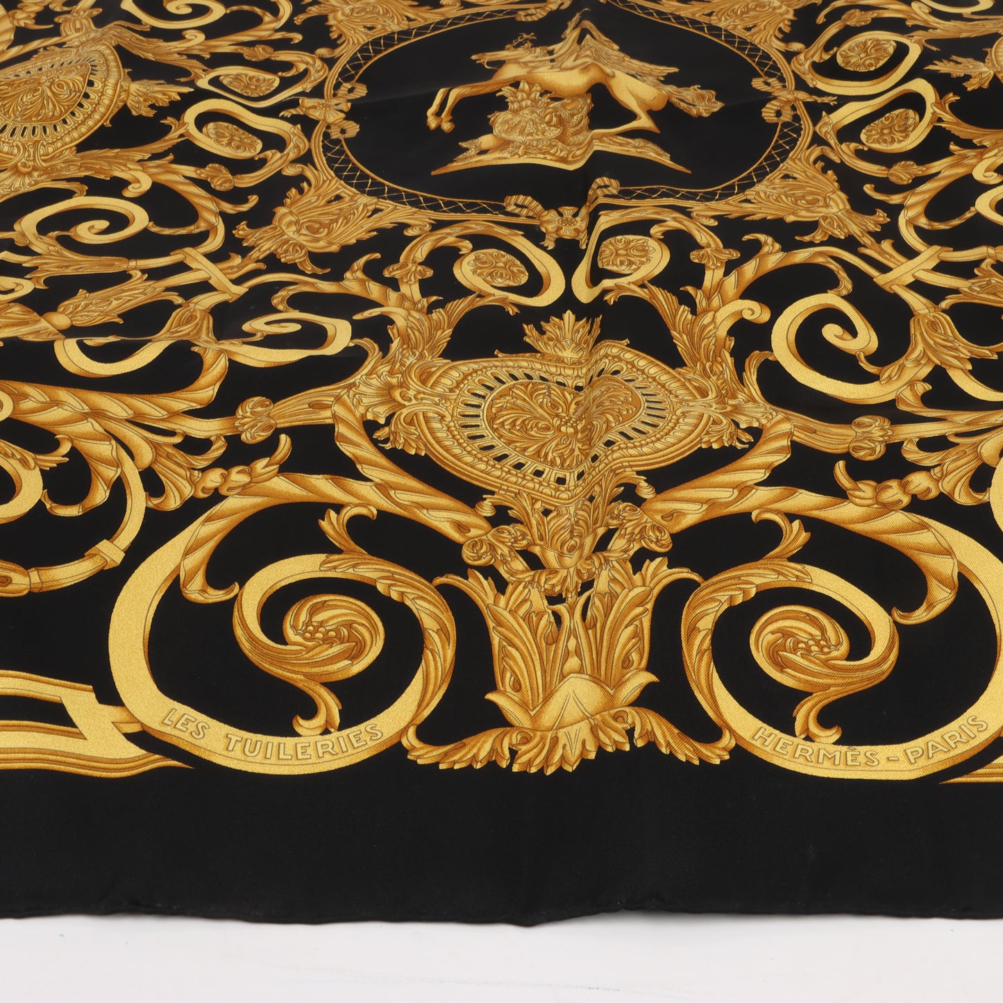 Hermès Carré 90 "LES TUILERIES" 100% Silk Scarf in Black x Gold
