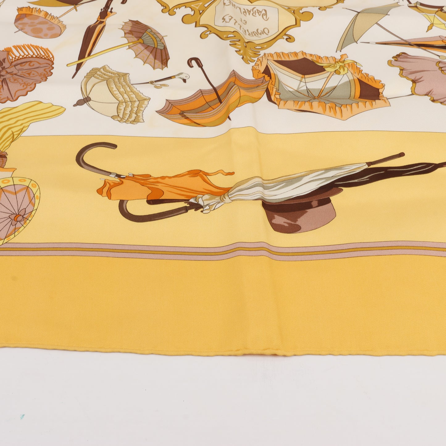 Hermès Carré 90 "OMBRELLES ET PARAPLUIES" 100% Silk Scarf in Yellow