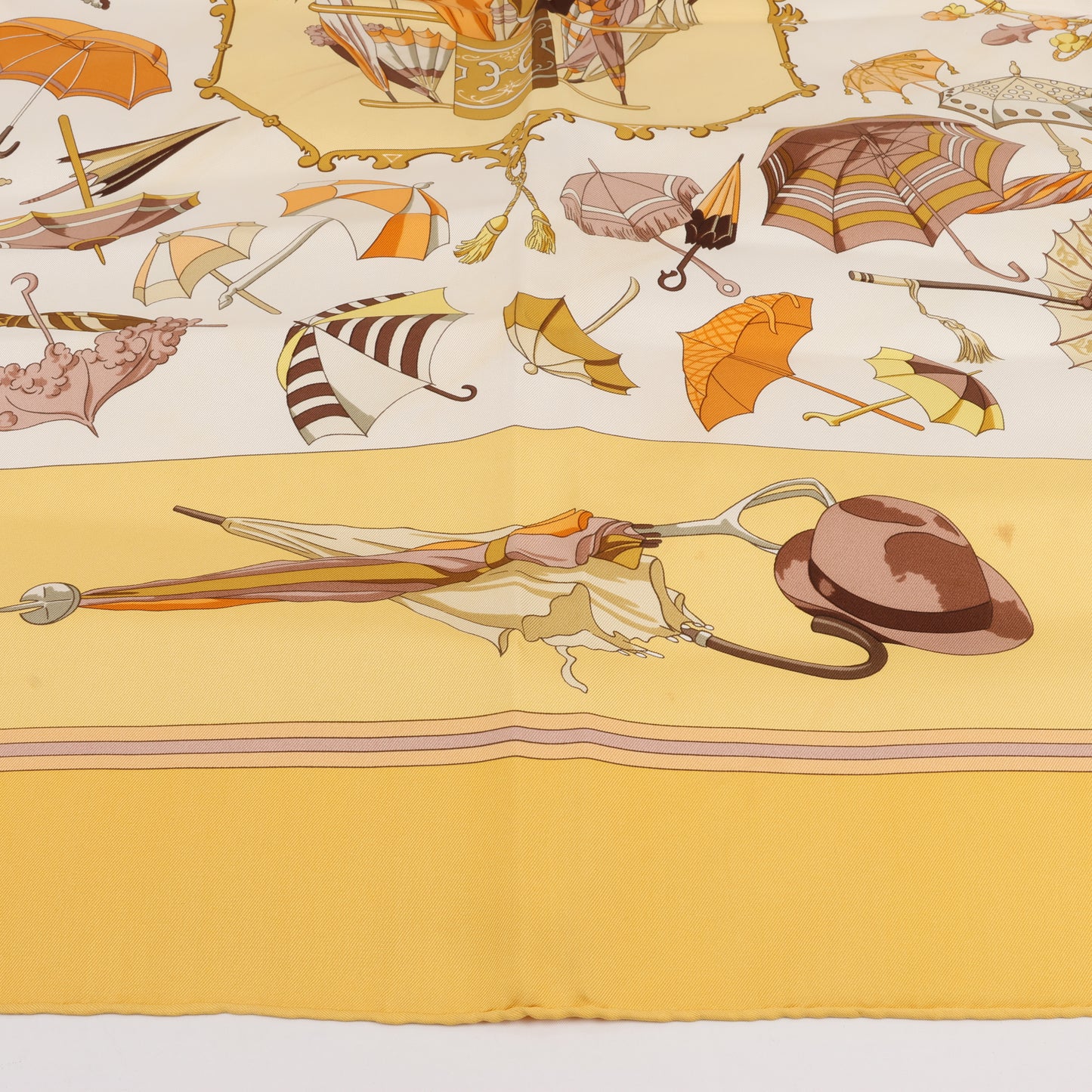 Hermès Carré 90 "OMBRELLES ET PARAPLUIES" 100% Silk Scarf in Yellow