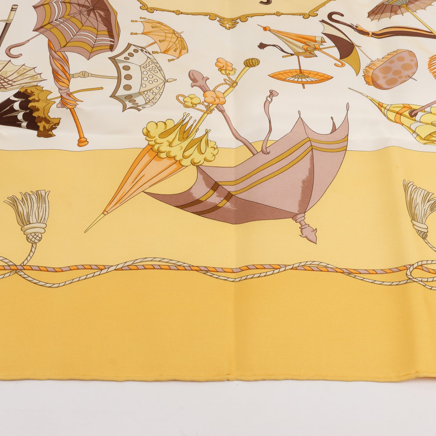 Hermès Carré 90 "OMBRELLES ET PARAPLUIES" 100% Silk Scarf in Yellow