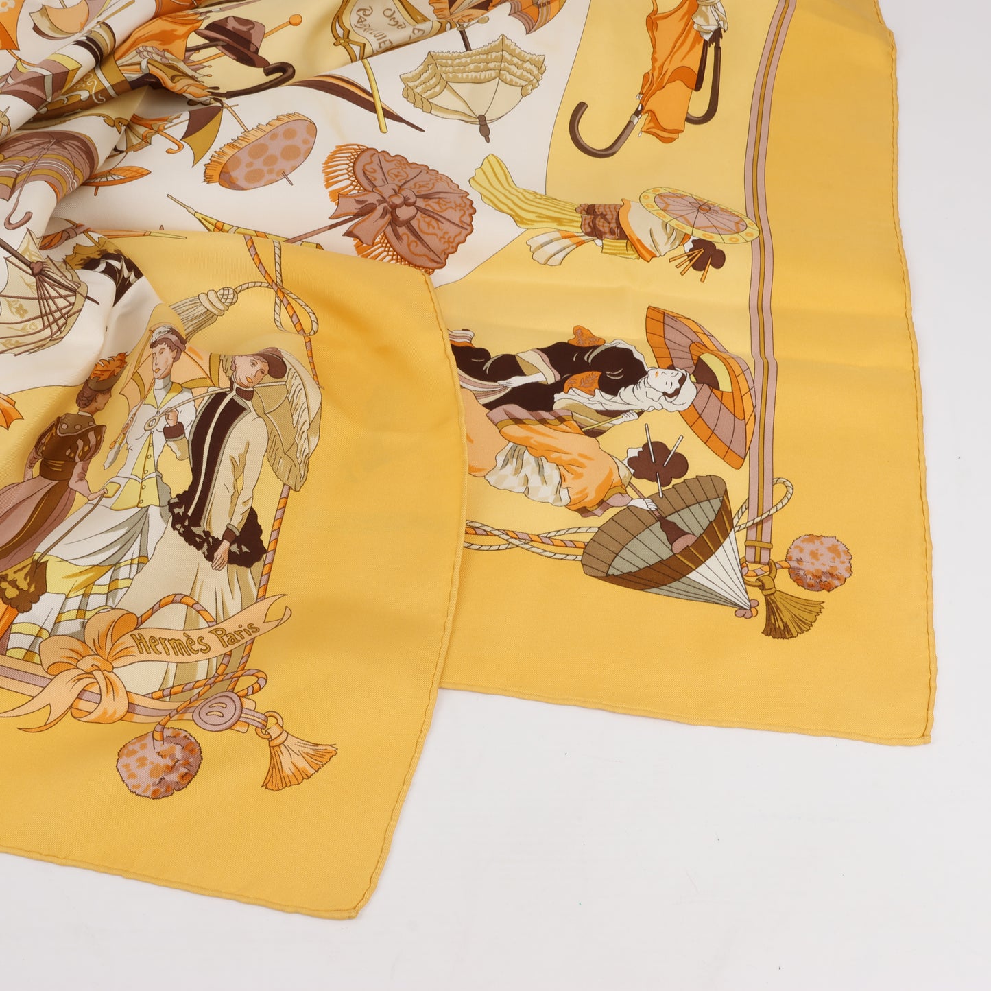Hermès Carré 90 "OMBRELLES ET PARAPLUIES" 100% Silk Scarf in Yellow