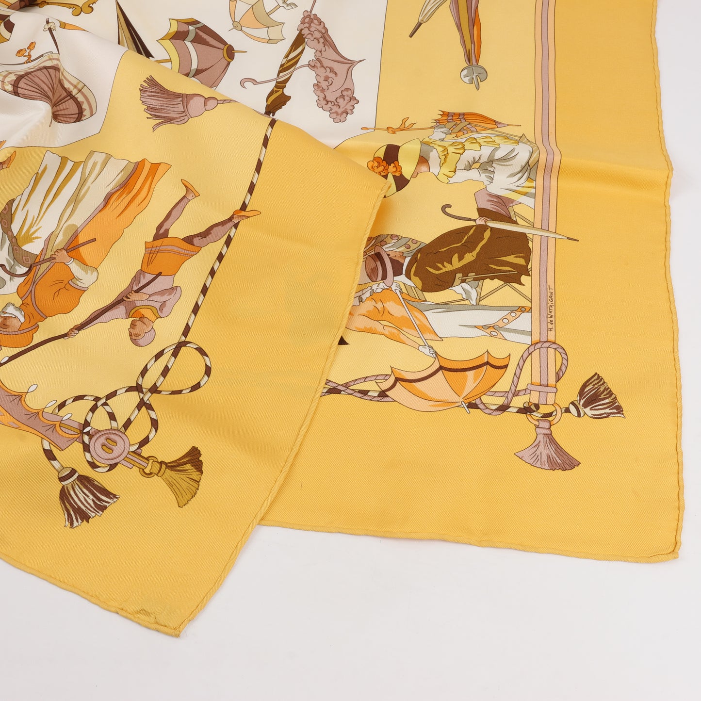 Hermès Carré 90 "OMBRELLES ET PARAPLUIES" 100% Silk Scarf in Yellow