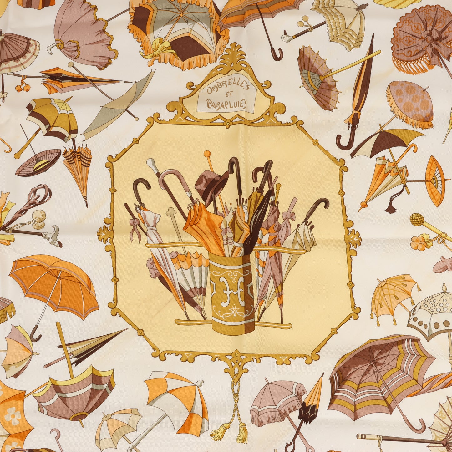 Hermès Carré 90 "OMBRELLES ET PARAPLUIES" 100% Silk Scarf in Yellow