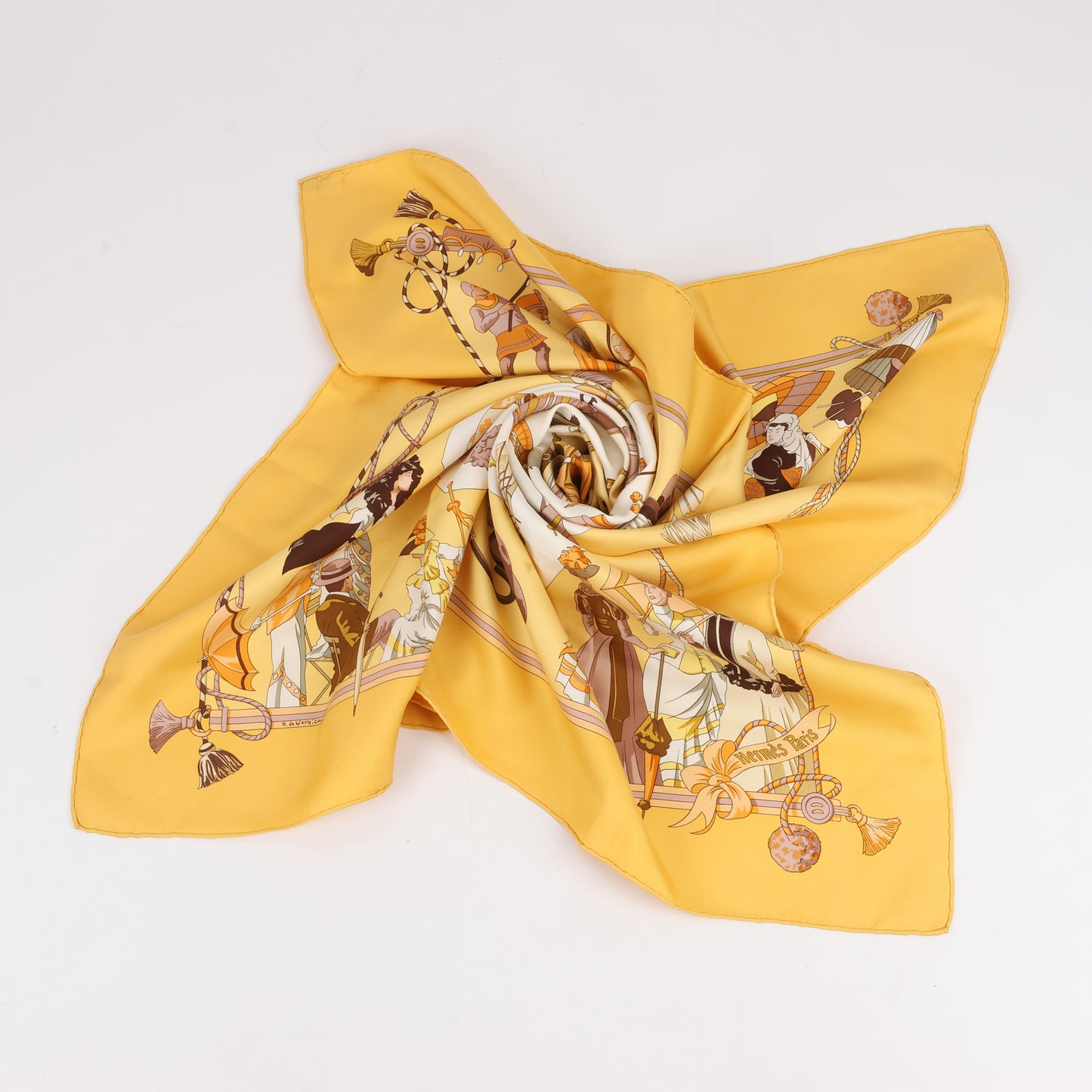 Hermès Carré 90 "OMBRELLES ET PARAPLUIES" 100% Silk Scarf in Yellow