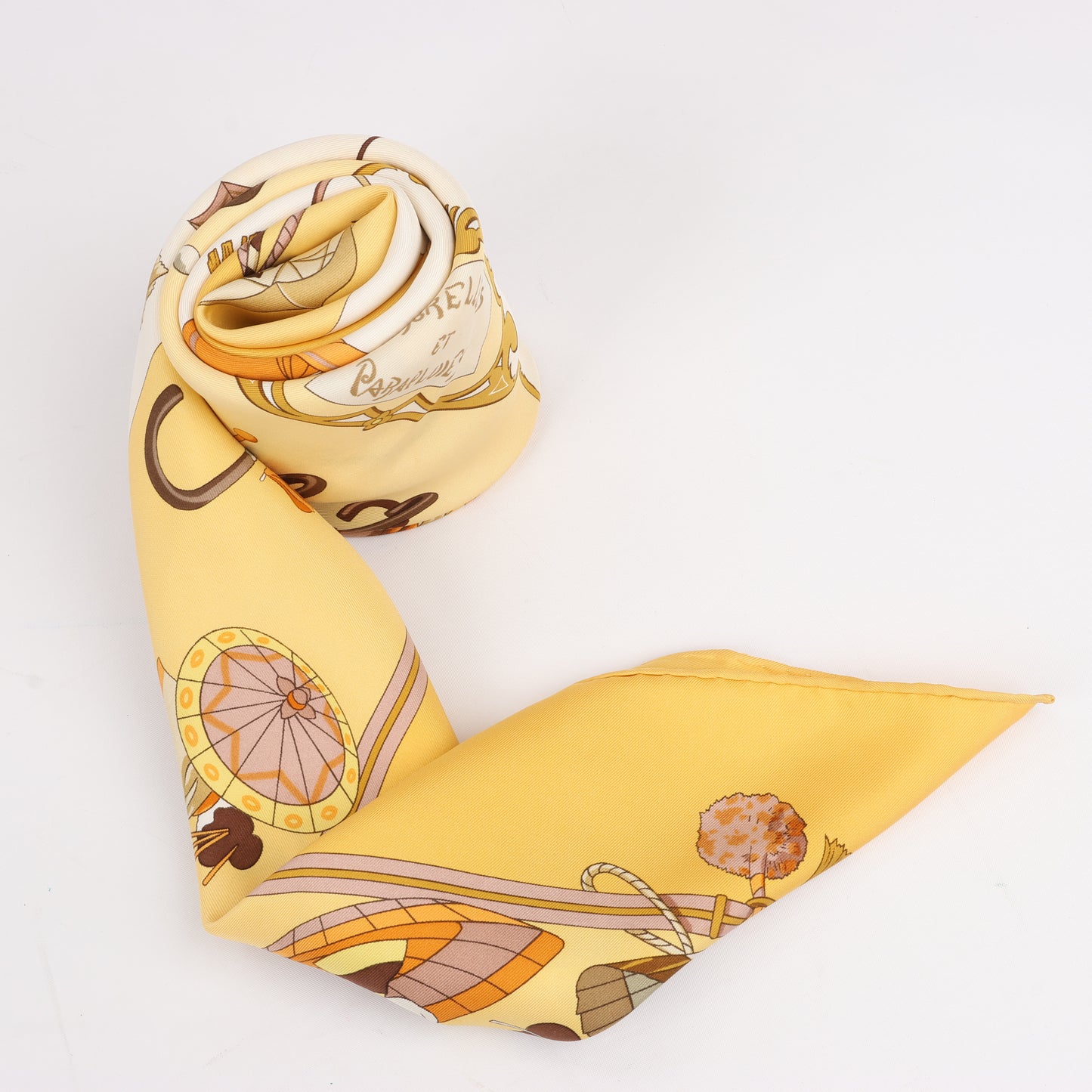 Hermès Carré 90 "OMBRELLES ET PARAPLUIES" 100% Silk Scarf in Yellow