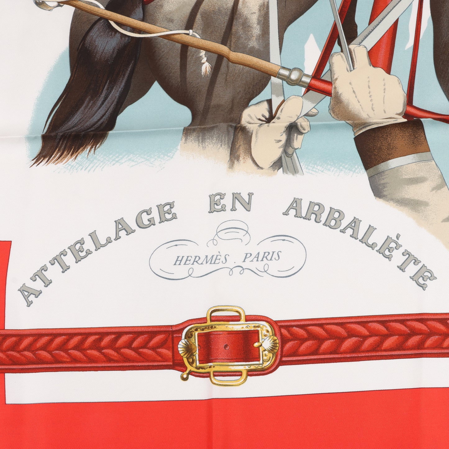 Hermès Carré 90 "ATTELAGE EN ARBALETE" 100% Silk Scarf in Red