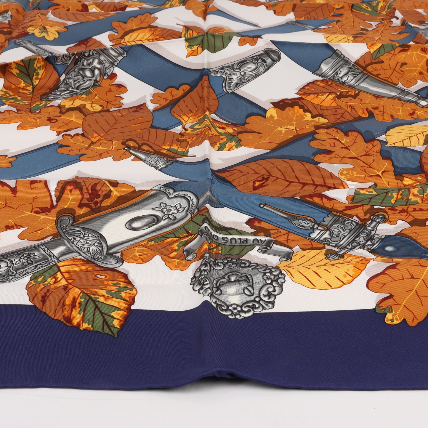 Hermès Carré 90 "AU PLUS DRU" 100% Silk Scarf in Navy Blue