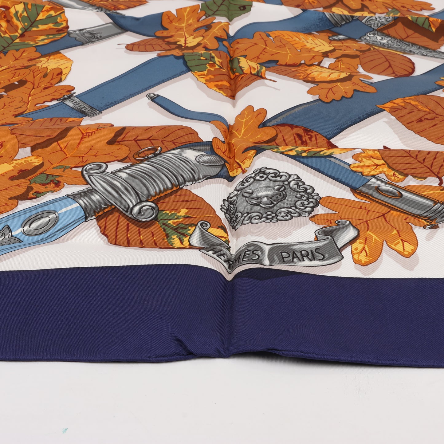 Hermès Carré 90 "AU PLUS DRU" 100% Silk Scarf in Navy Blue