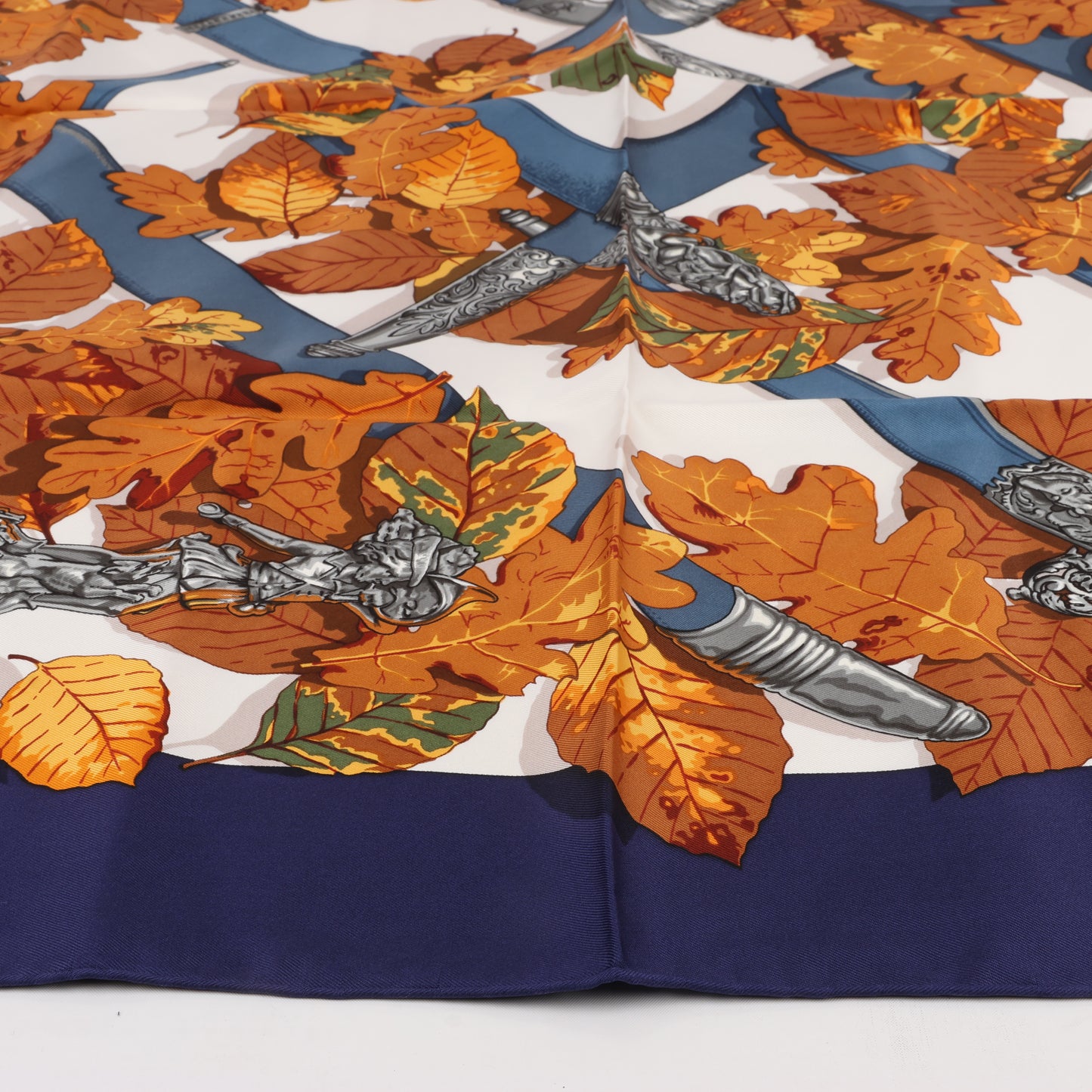 Hermès Carré 90 "AU PLUS DRU" 100% Silk Scarf in Navy Blue