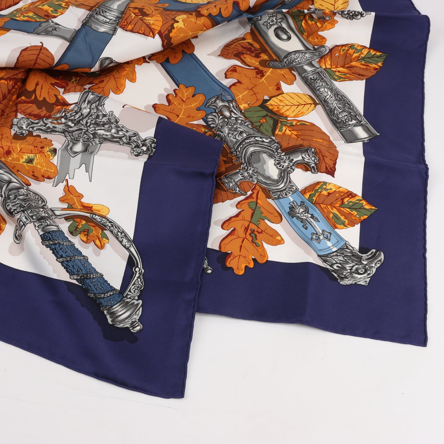 Hermès Carré 90 "AU PLUS DRU" 100% Silk Scarf in Navy Blue