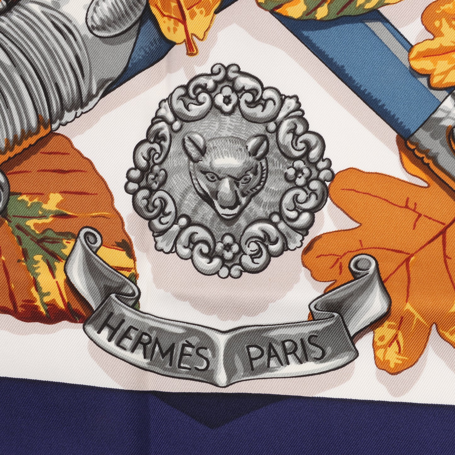 Hermès Carré 90 "AU PLUS DRU" 100% Silk Scarf in Navy Blue