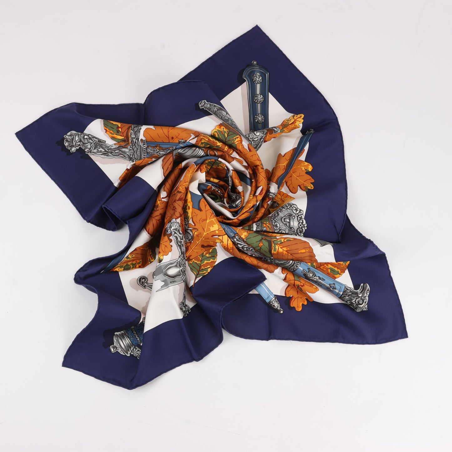Hermès Carré 90 "AU PLUS DRU" 100% Silk Scarf in Navy Blue