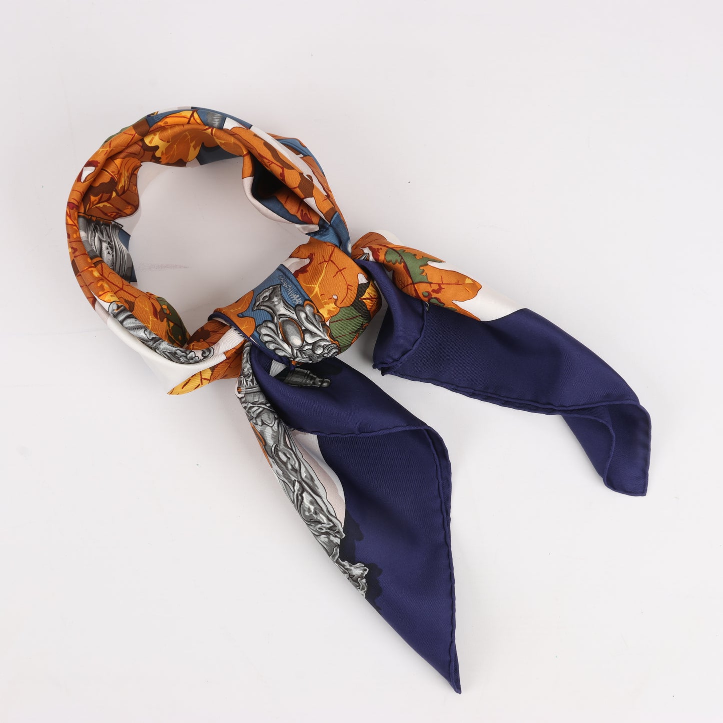 Hermès Carré 90 "AU PLUS DRU" 100% Silk Scarf in Navy Blue