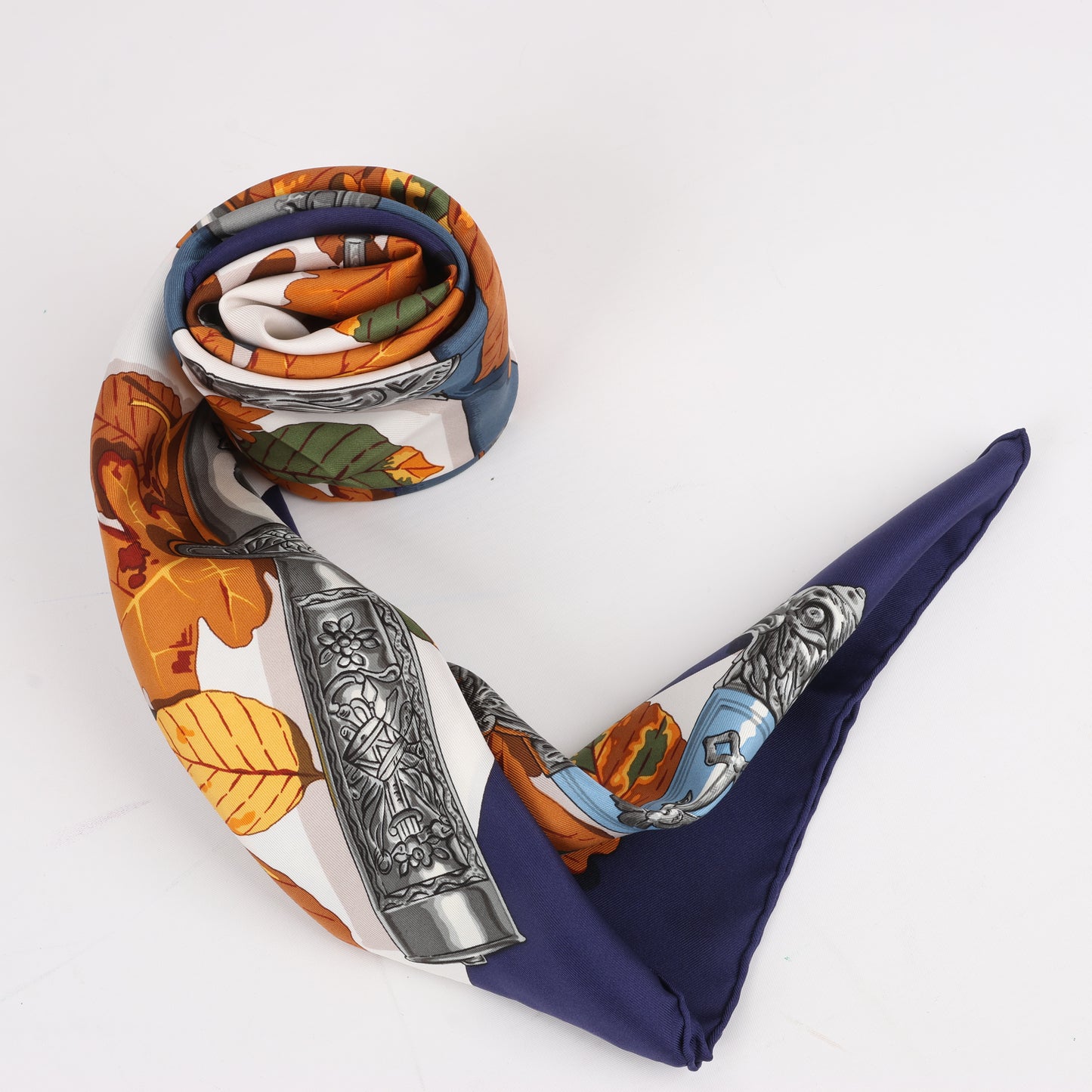 Hermès Carré 90 "AU PLUS DRU" 100% Silk Scarf in Navy Blue