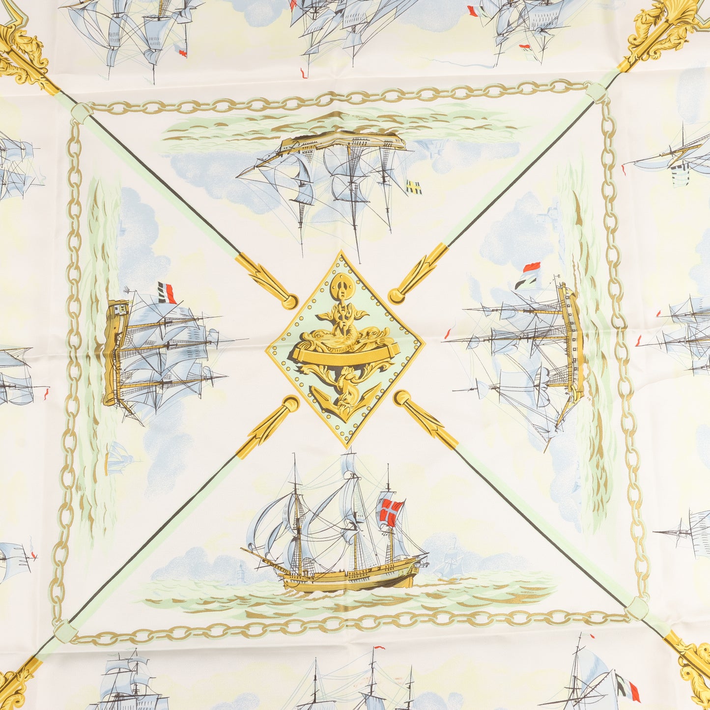 Hermès Carré 90 "La Marine en Bois" 100% Silk Scarf in Green