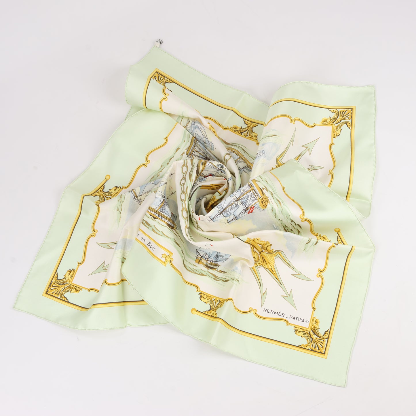 Hermès Carré 90 "La Marine en Bois" 100% Silk Scarf in Green