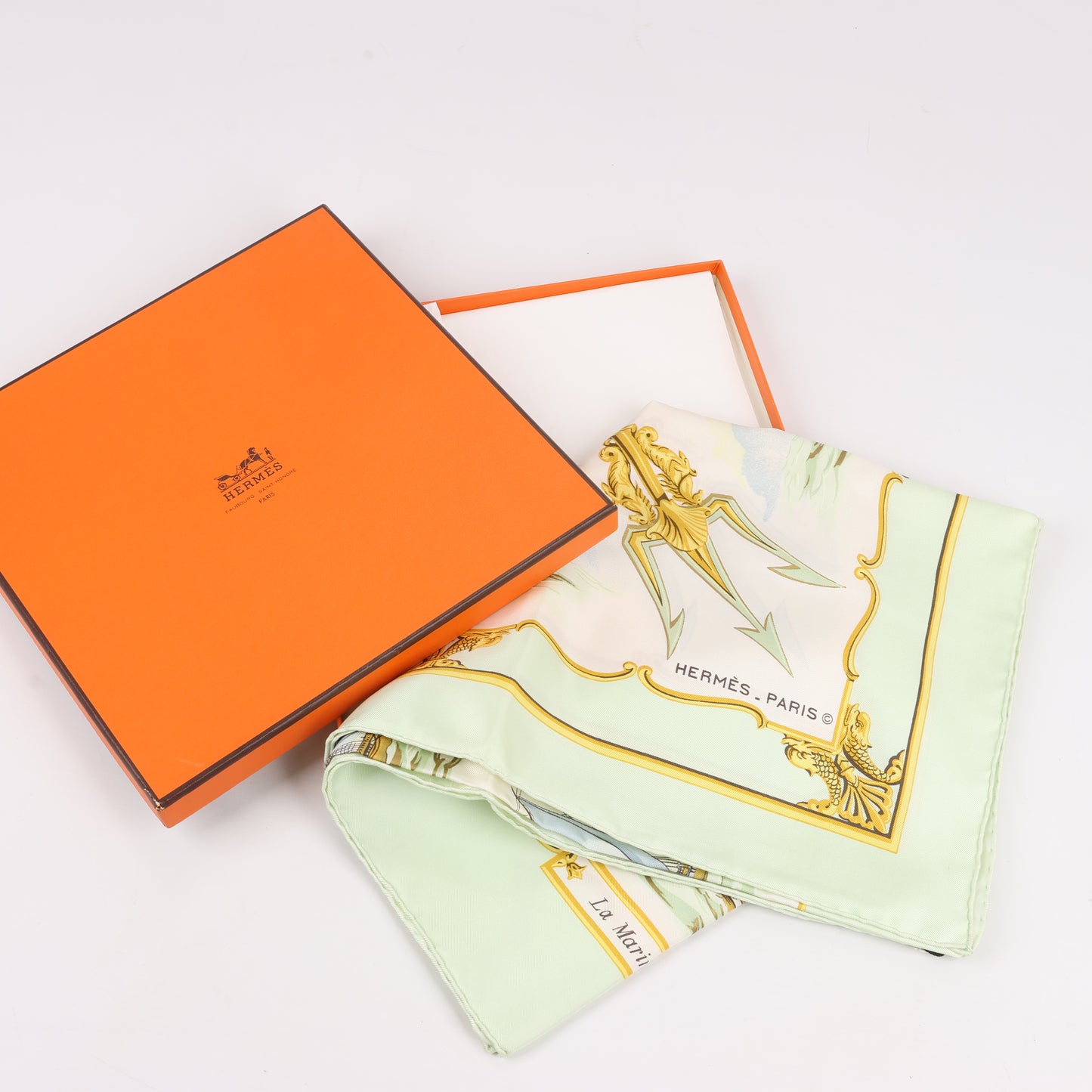 Hermès Carré 90 "La Marine en Bois" 100% Silk Scarf in Green