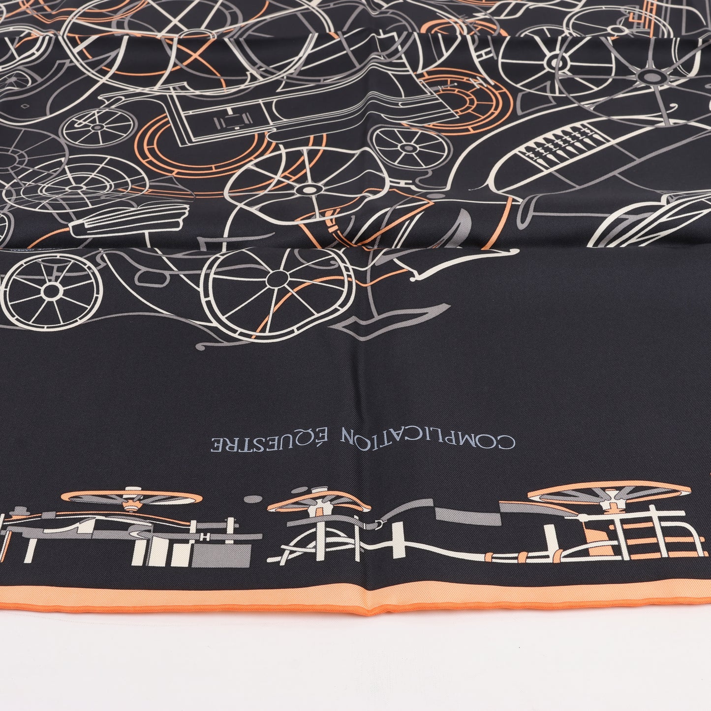 Hermès Carré 90 "COMPLICATION EQUESTRE" 100% Silk Scarf in Black