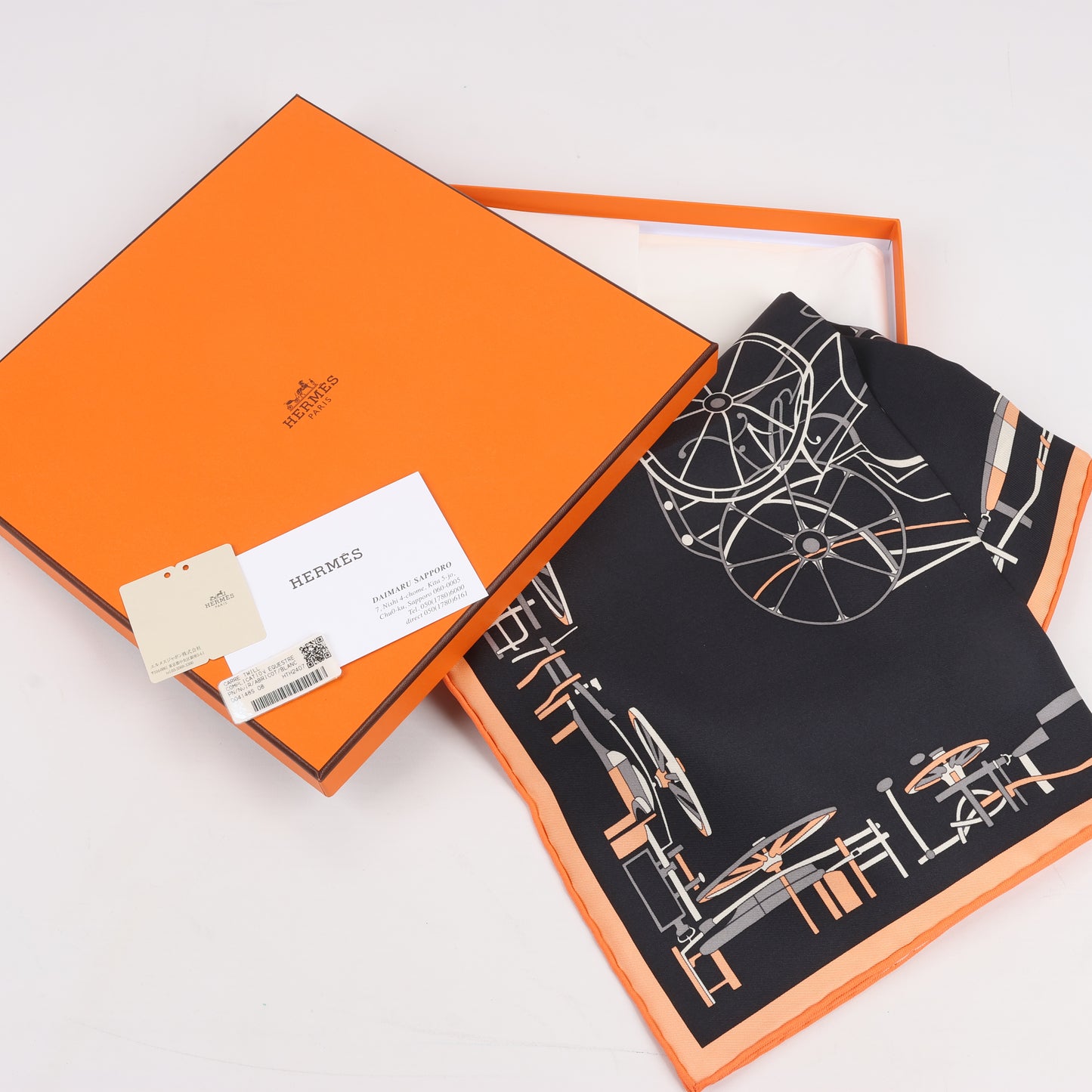 Hermès Carré 90 "COMPLICATION EQUESTRE" 100% Silk Scarf in Black