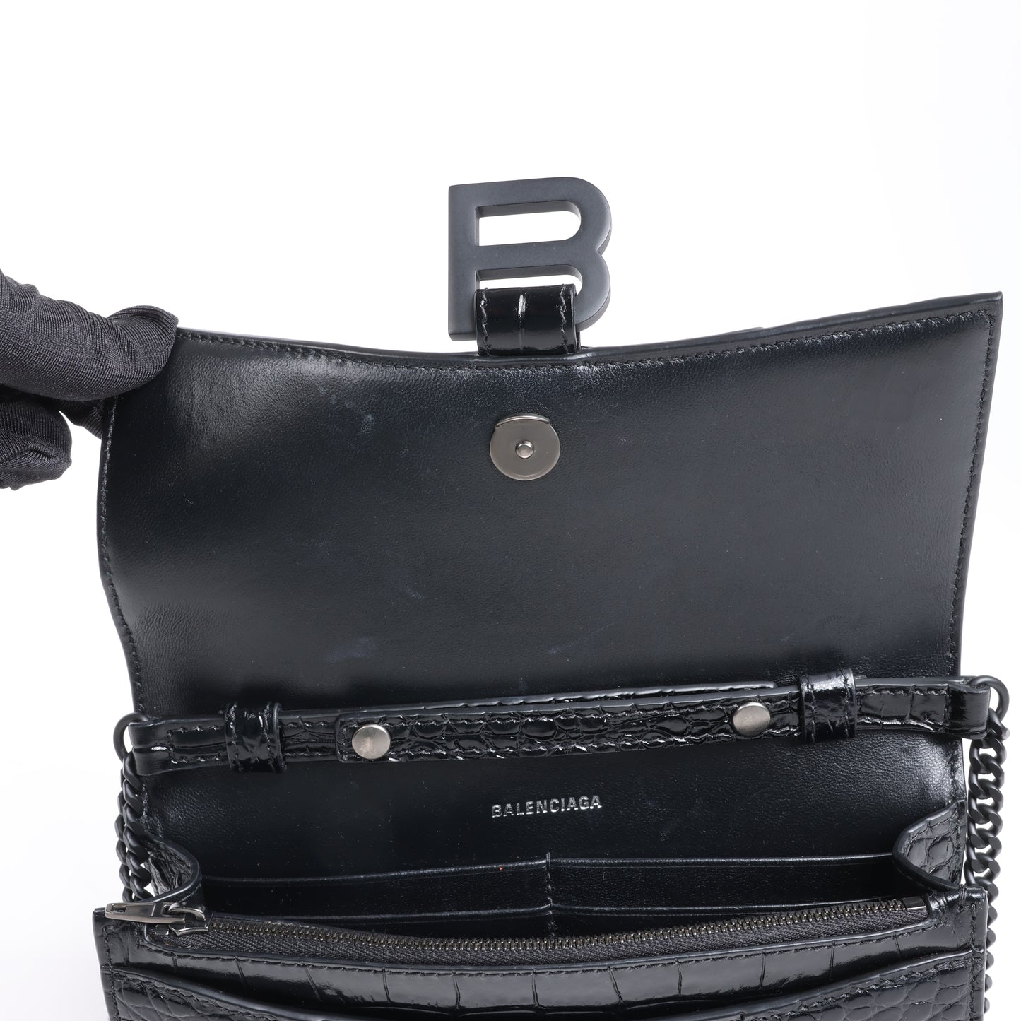 Balenciaga – Hourglass – Schultertasche in Kroko-Optik in Schwarz