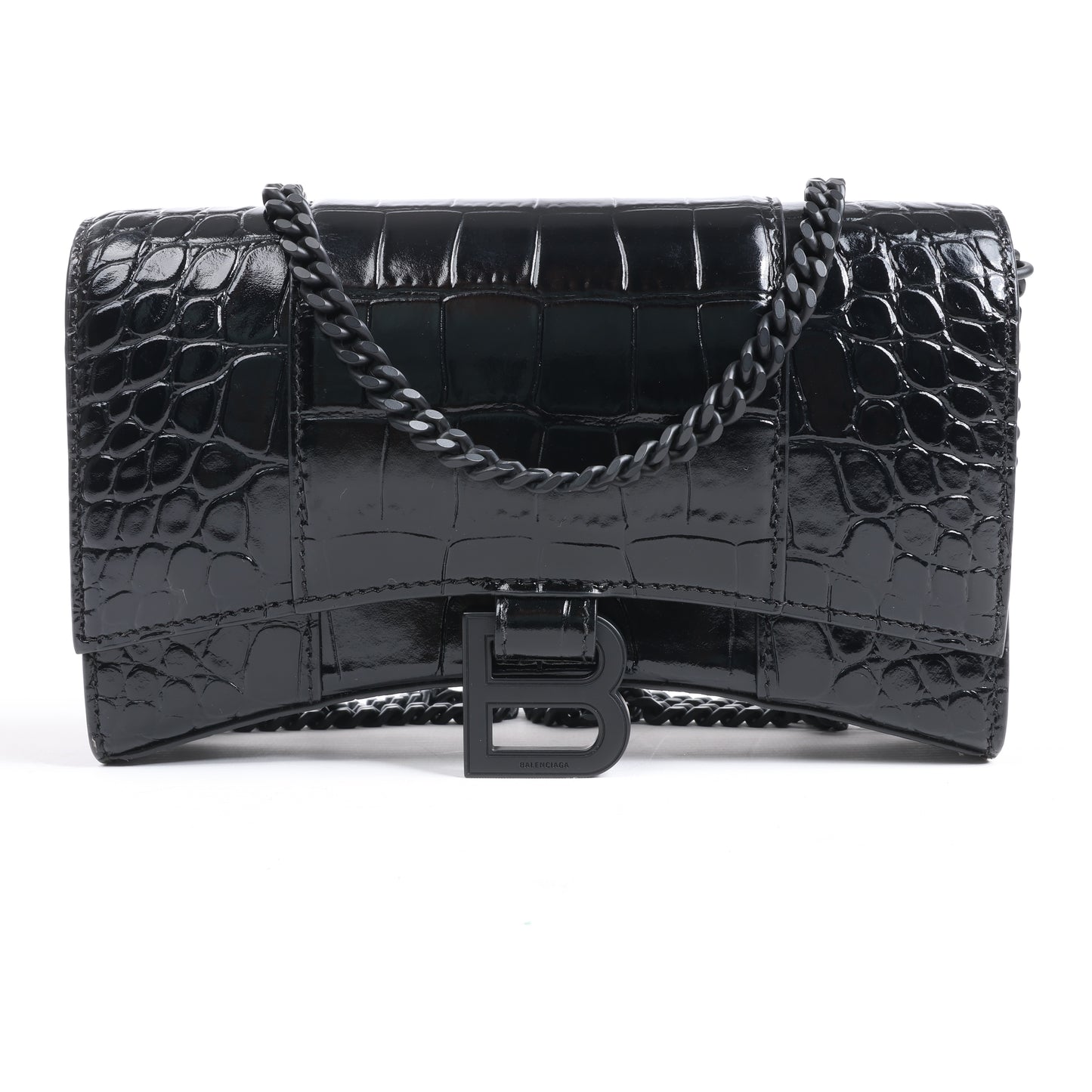 Balenciaga – Hourglass – Schultertasche in Kroko-Optik in Schwarz