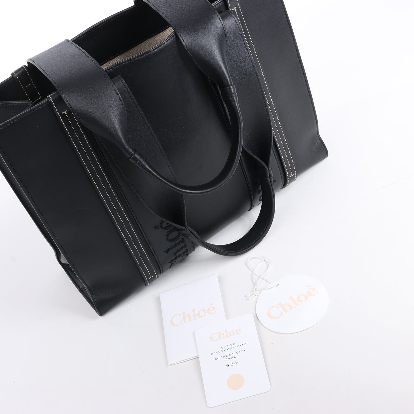 Chloe Woody Medium Leder-Einkaufstasche Schwarz