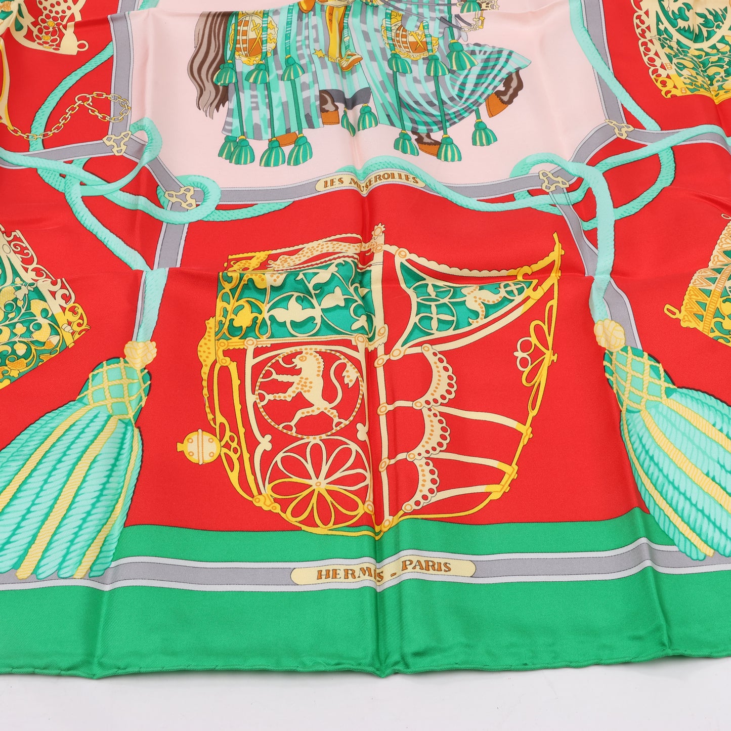 Hermès Carré 90 "LES MUSEROLLES" 100% Silk Scarf in Red x Green