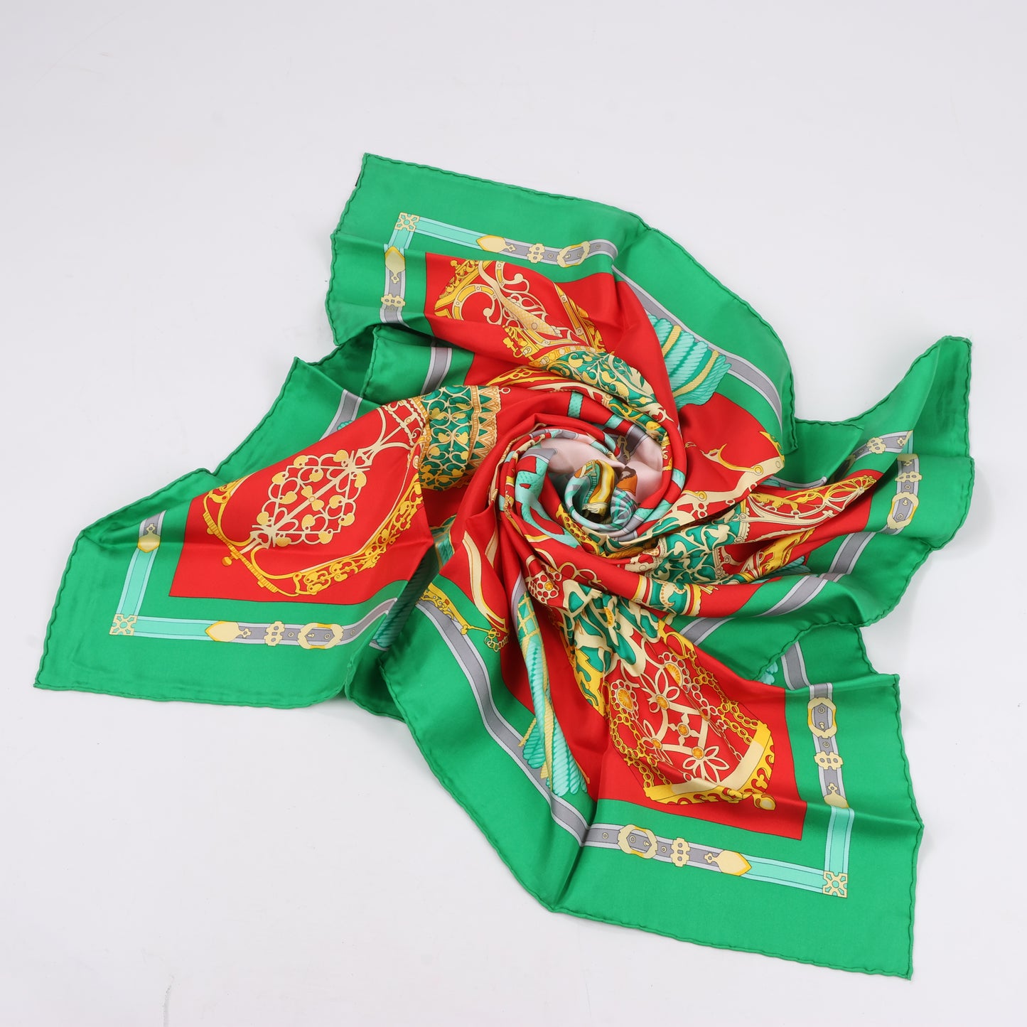 Hermès Carré 90 "LES MUSEROLLES" 100% Silk Scarf in Red x Green