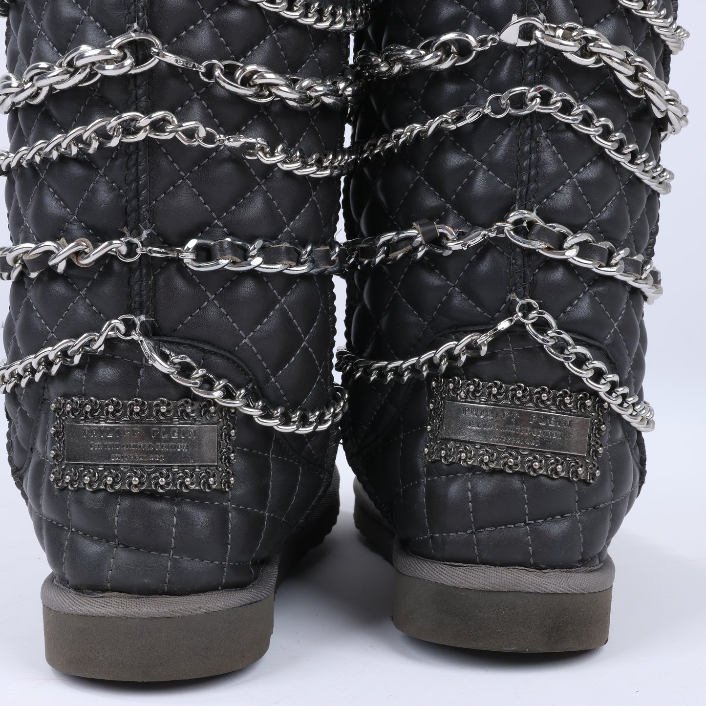 Philipp Plein Leather Ankle Boots Silver Metal Accessories with Skull Chains, Size 37 EU