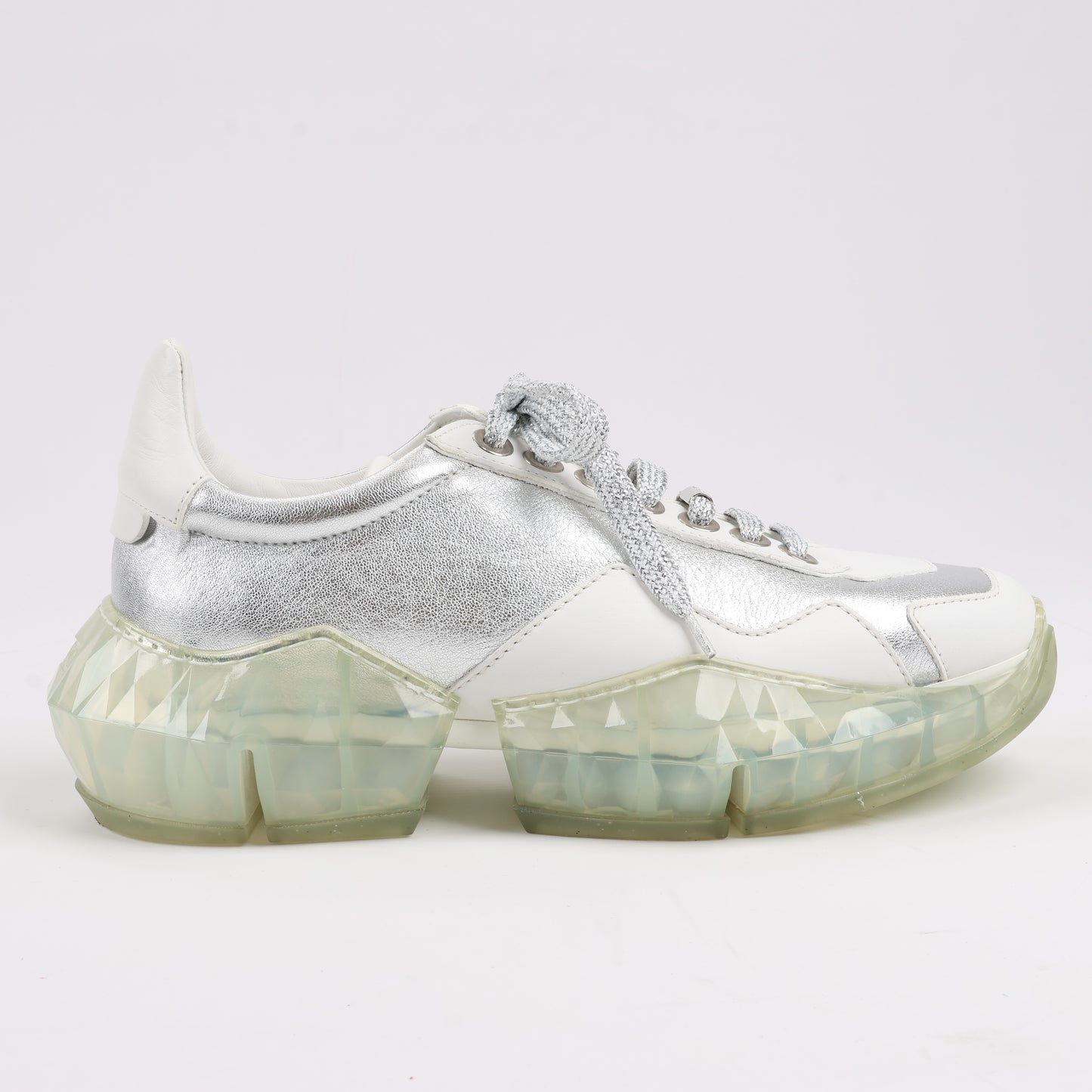 Jimmy Choo Diamond Leder-Sneaker in Weiß x Silber, Größe 38 EU