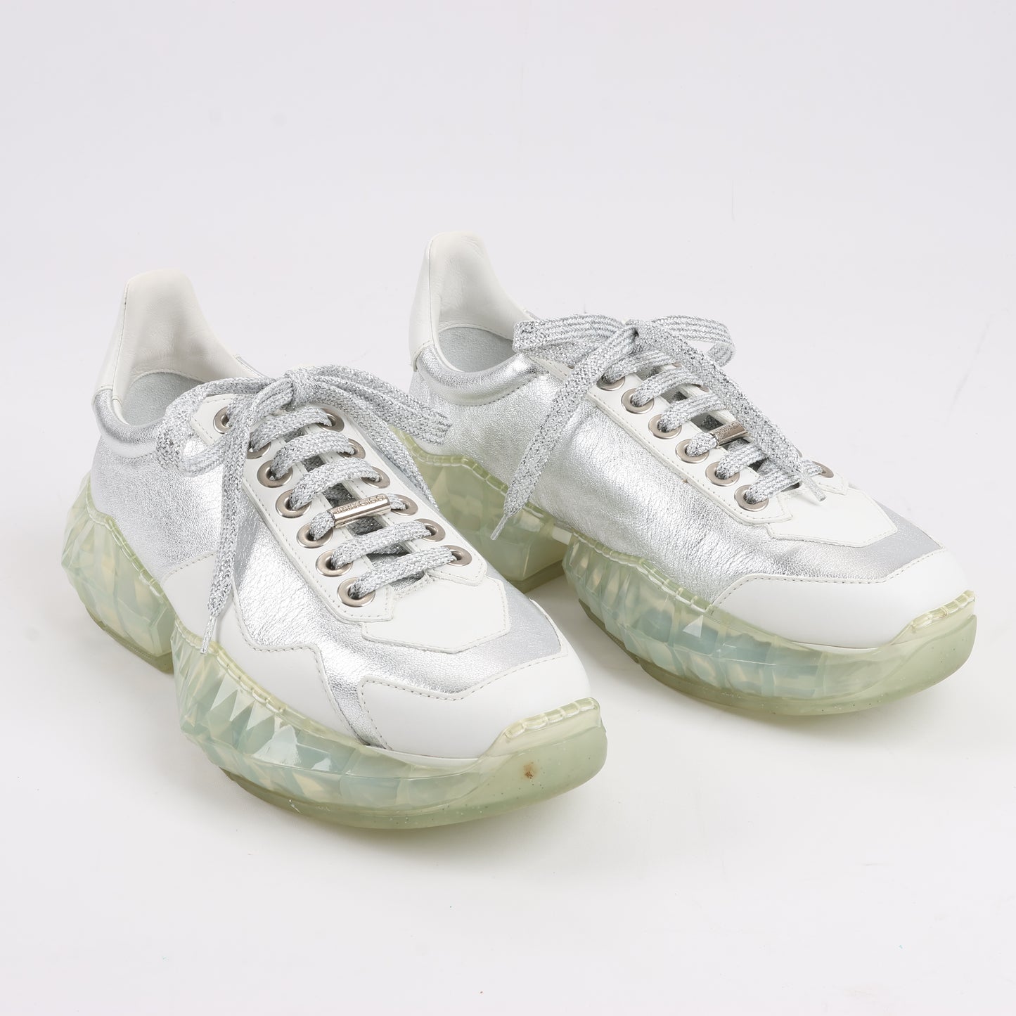 Jimmy Choo Diamond Leder-Sneaker in Weiß x Silber, Größe 38 EU