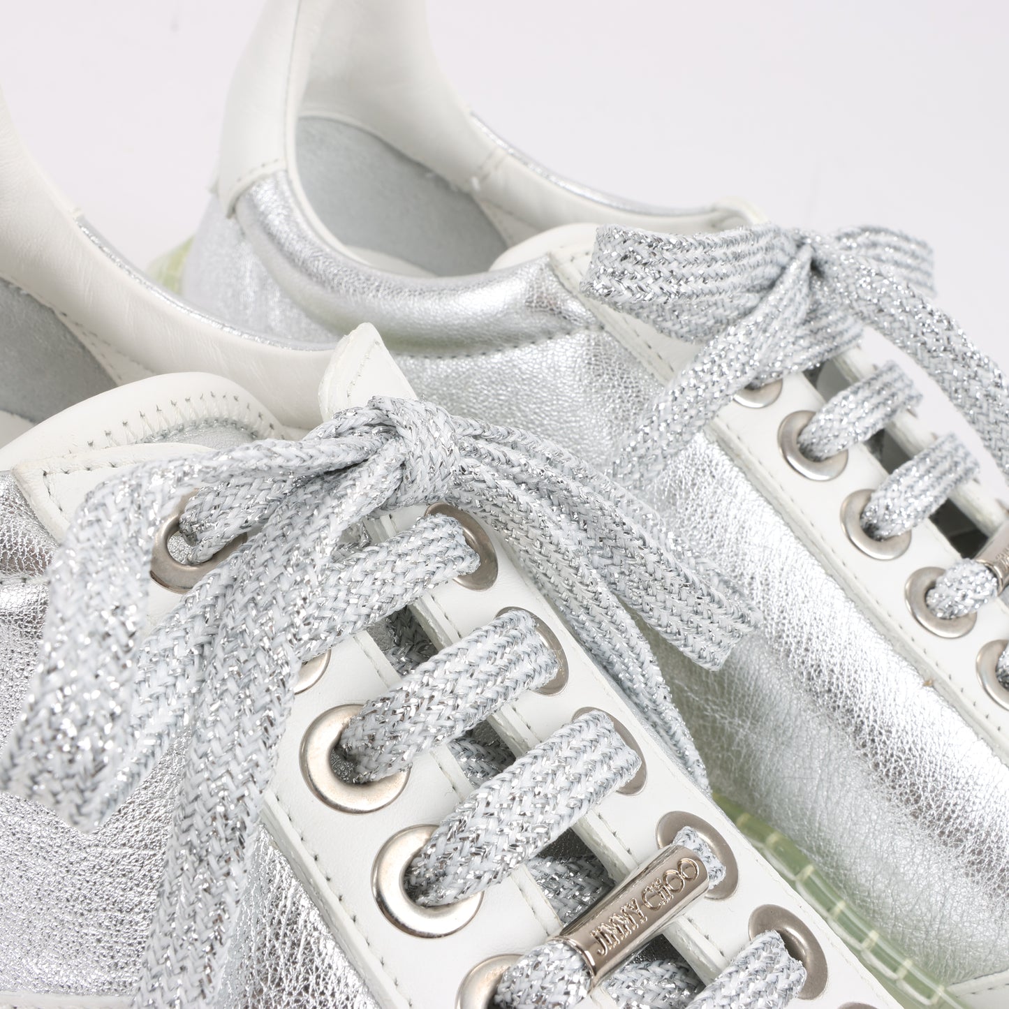 Jimmy Choo Diamond Leder-Sneaker in Weiß x Silber, Größe 38 EU