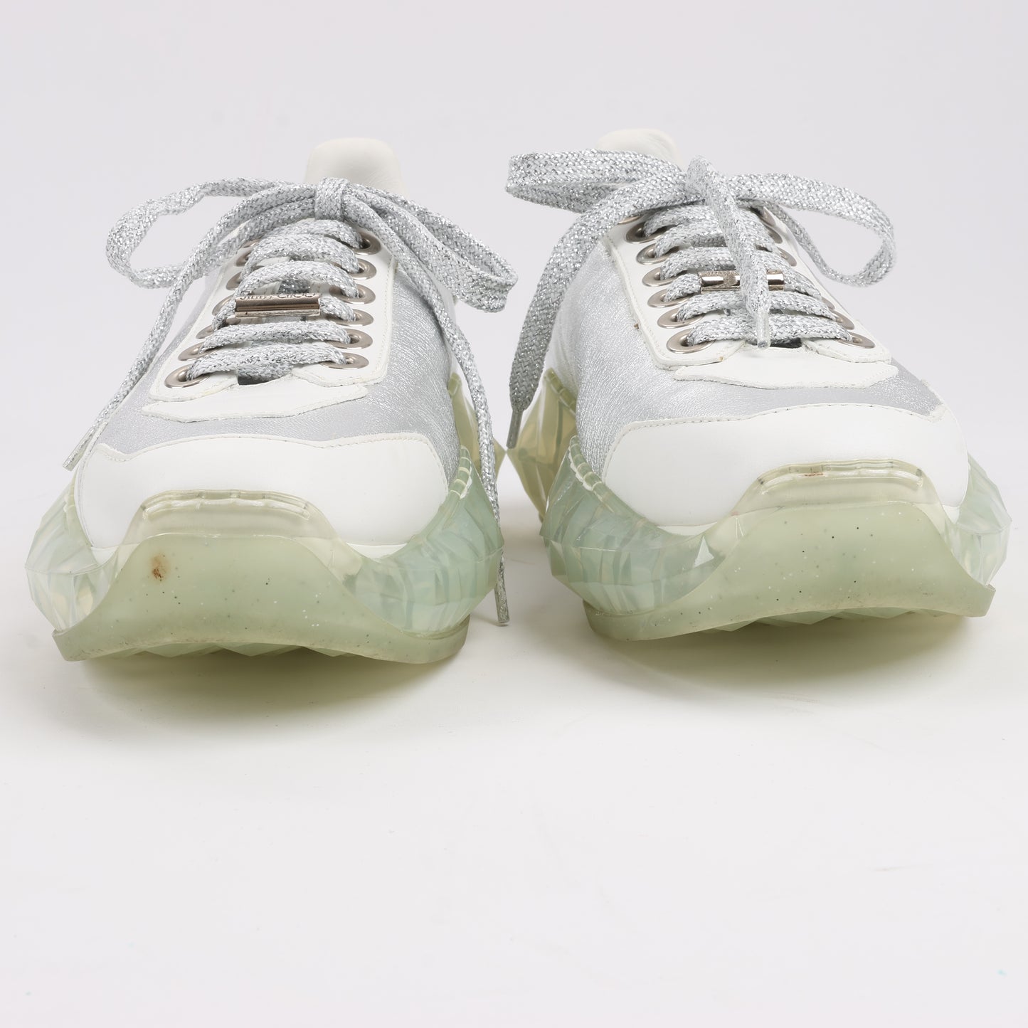 Jimmy Choo Diamond Leder-Sneaker in Weiß x Silber, Größe 38 EU